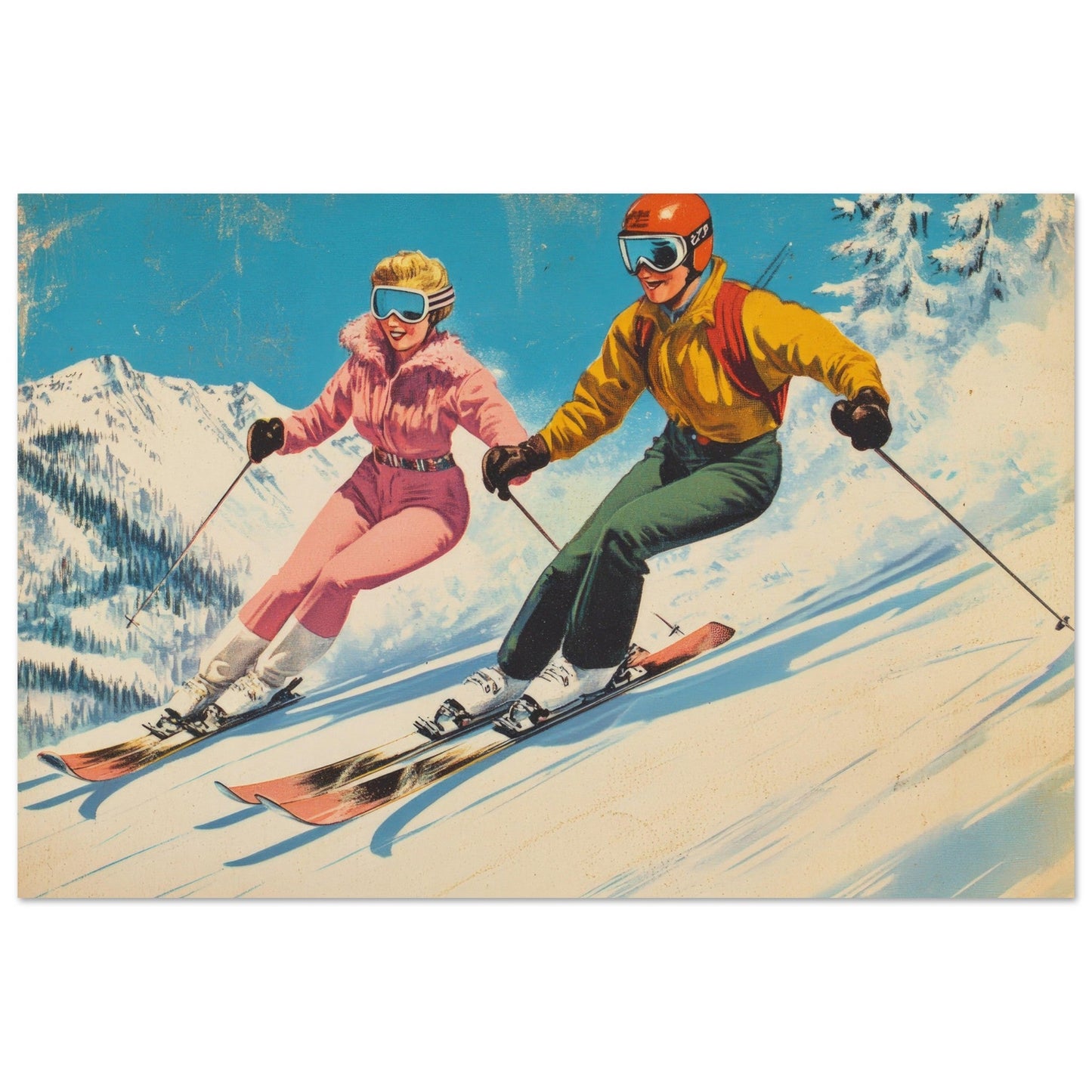 Vente Illustration vintage couple au ski - Illustration vintage / rétro