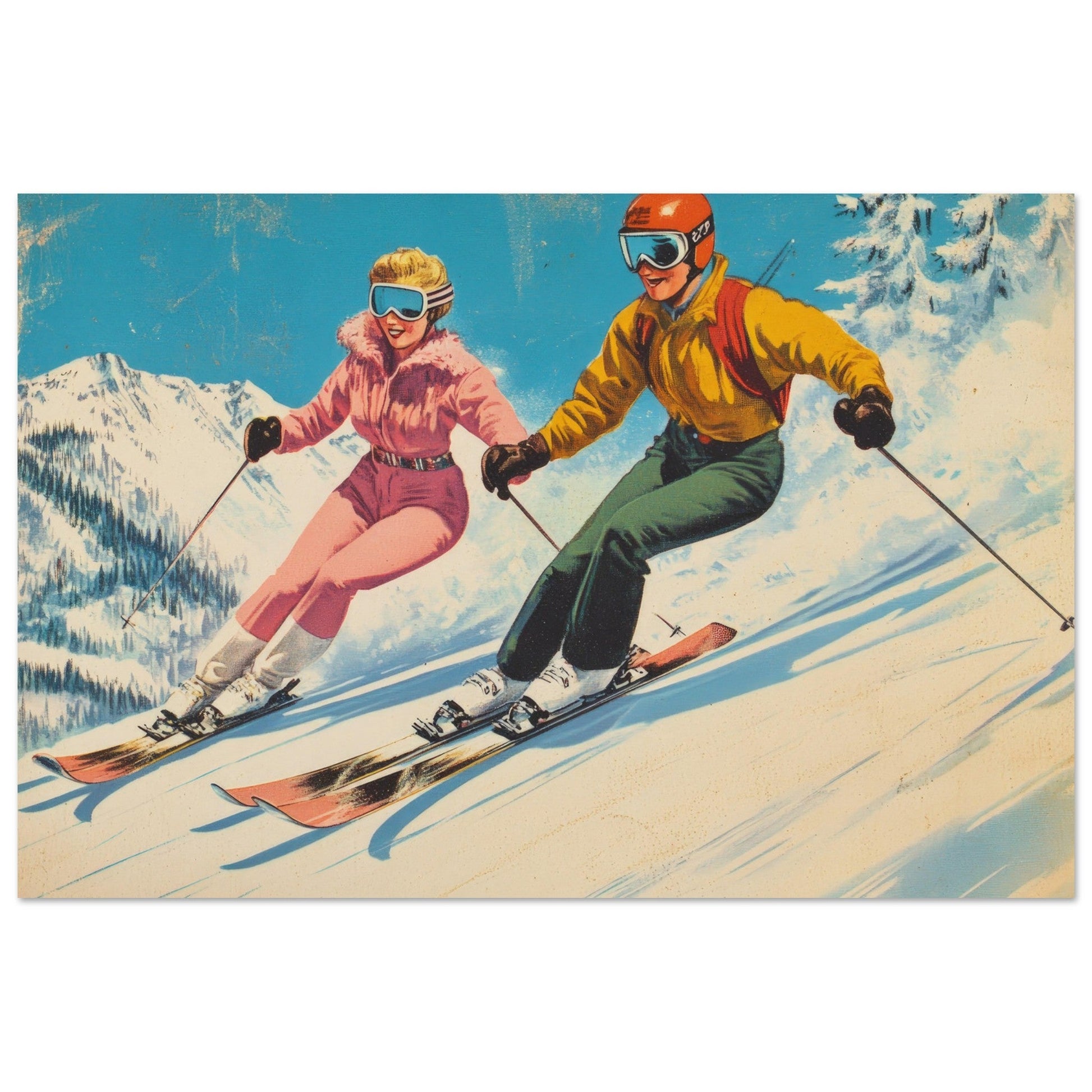 Vente Illustration vintage couple au ski - Illustration vintage / rétro