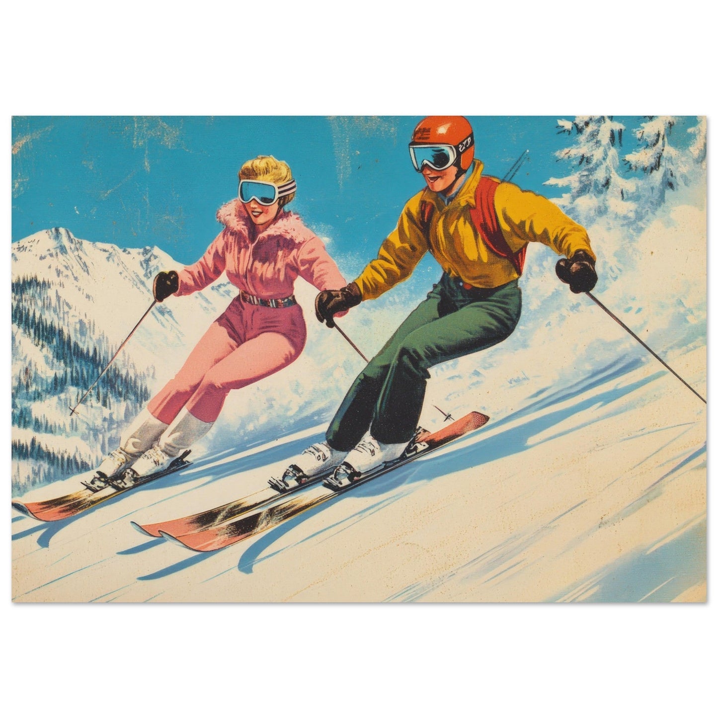 Vente Illustration vintage couple au ski - Illustration vintage / rétro