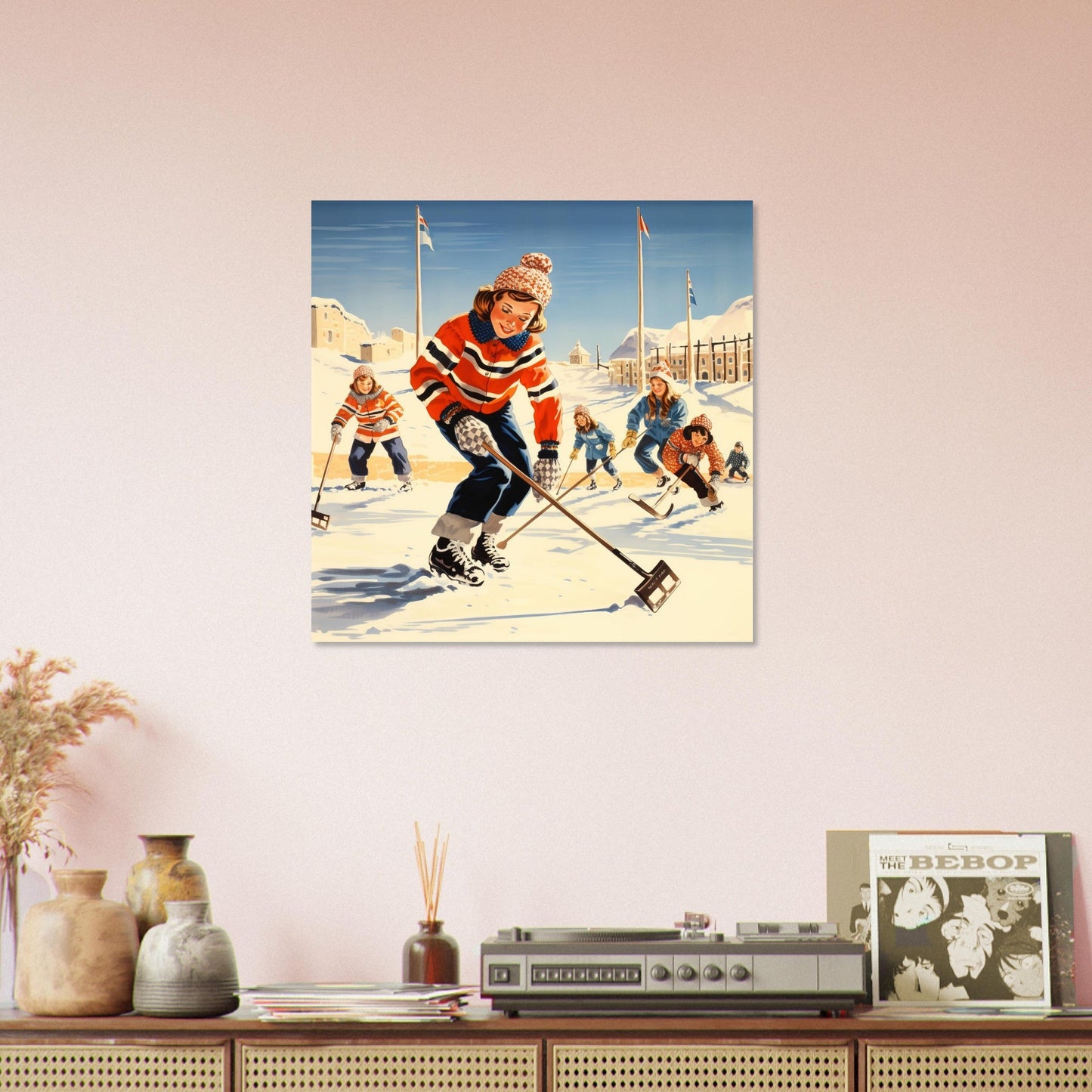 Vente Illustration vintage de femmes jouant au hockey sur glace - Illustration vintage / rétro