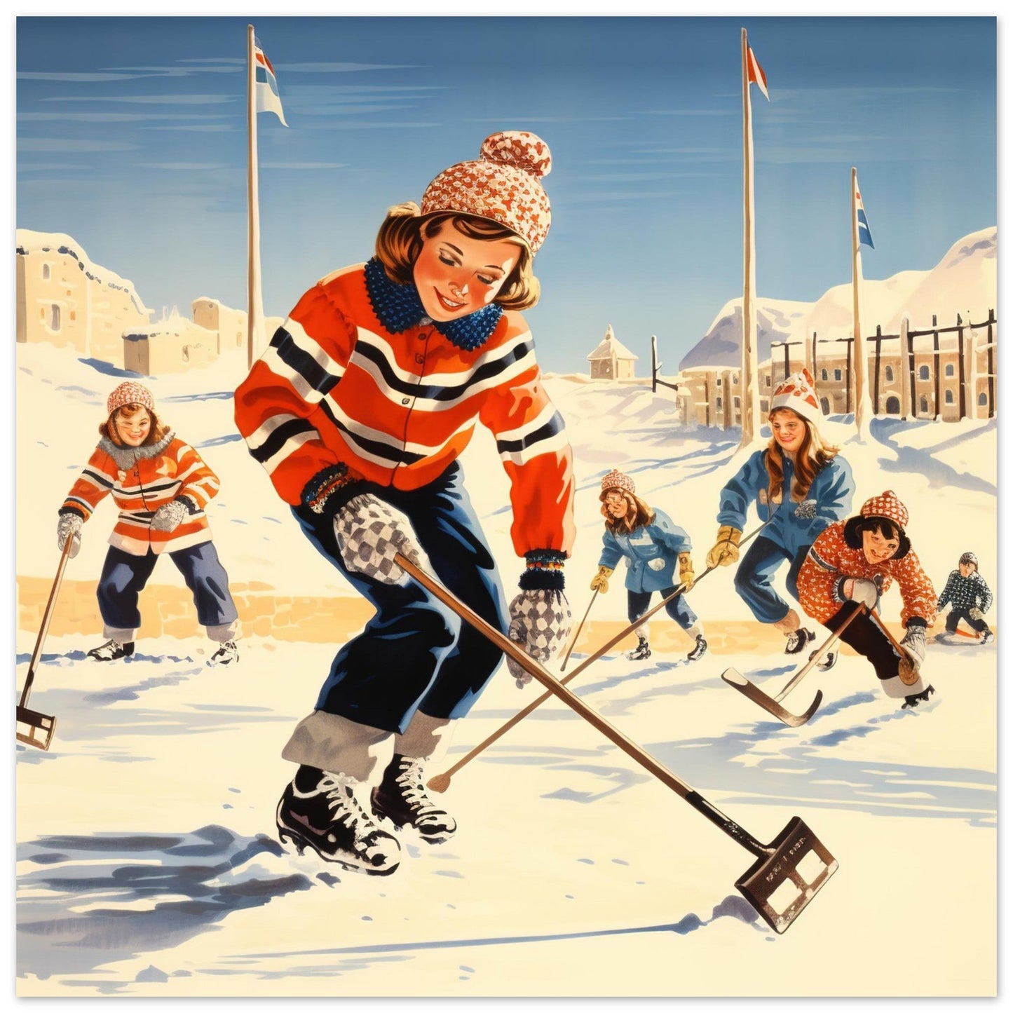 Vente Illustration vintage de femmes jouant au hockey sur glace - Illustration vintage / rétro