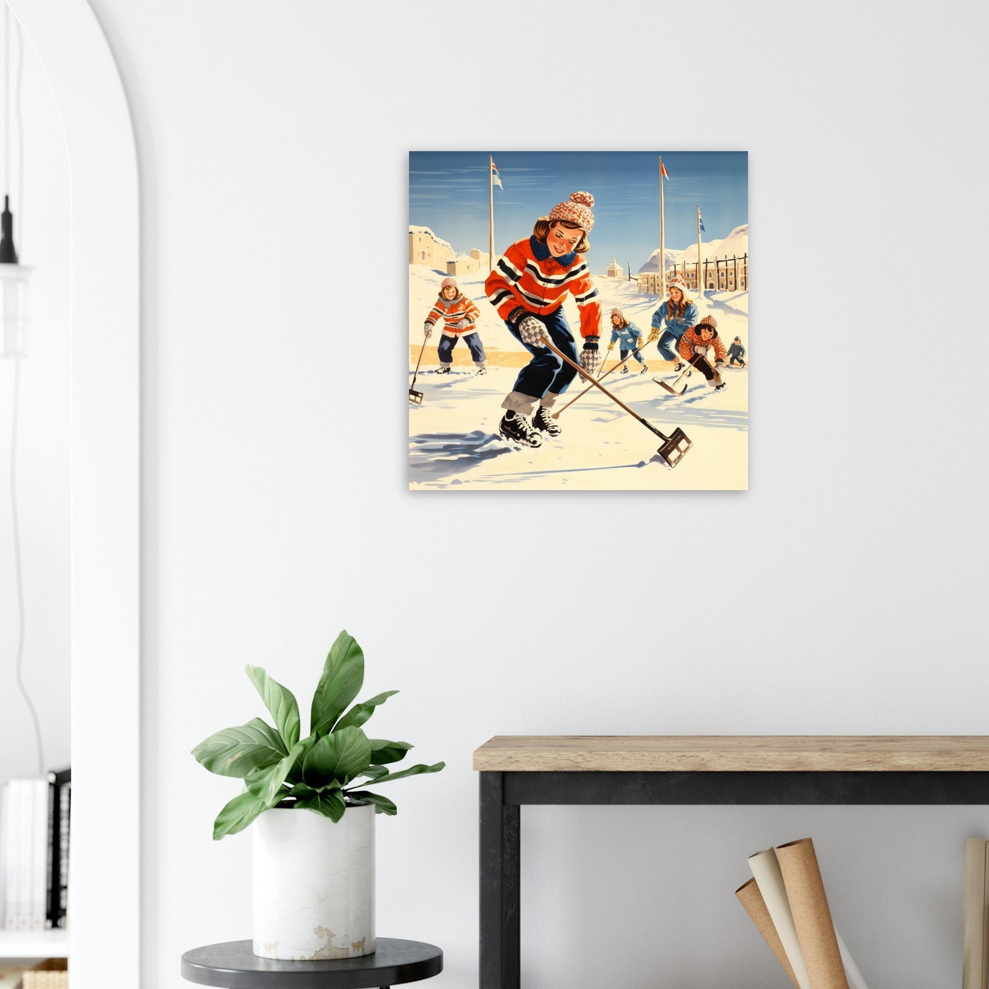 Vente Illustration vintage de femmes jouant au hockey sur glace - Illustration vintage / rétro