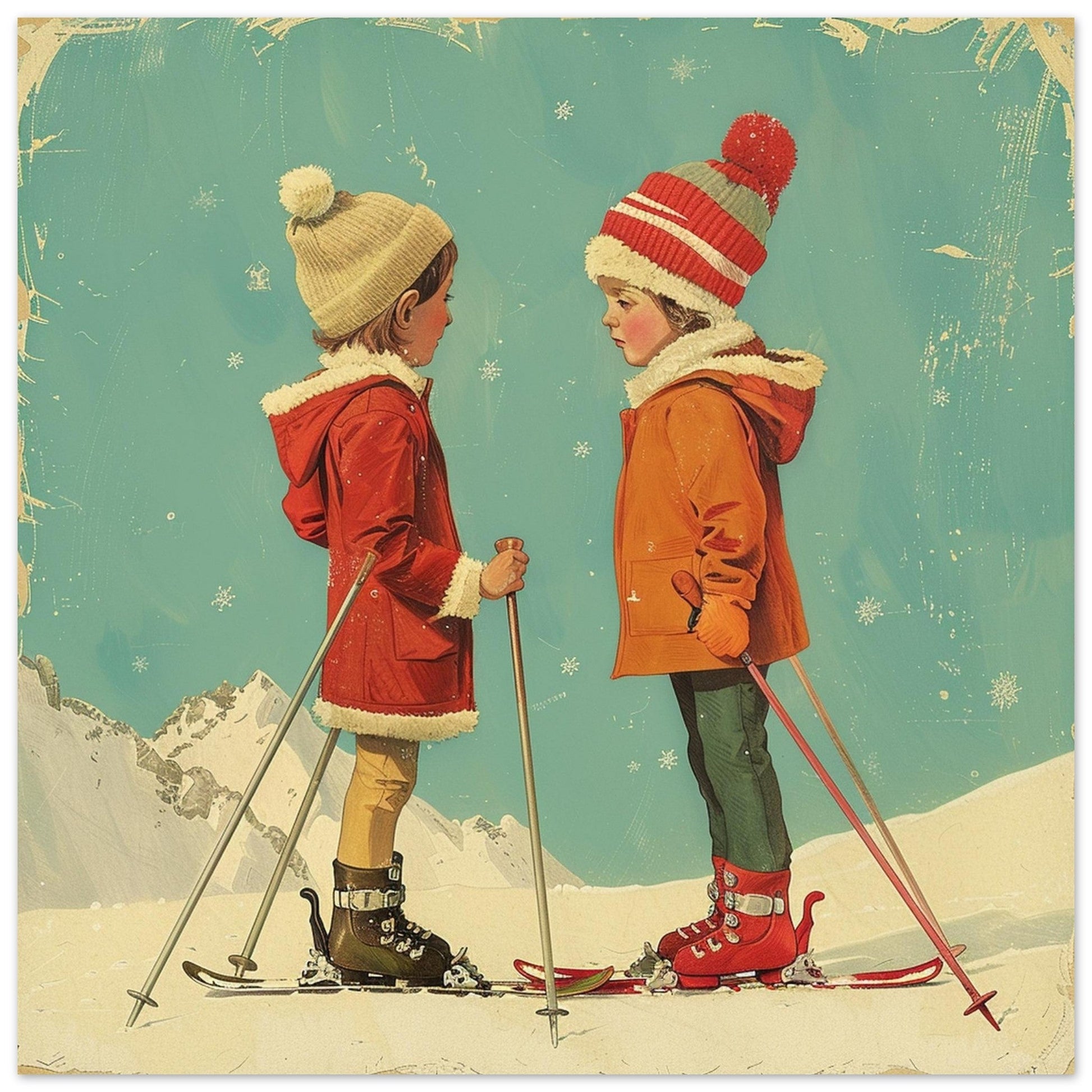 Vente Illustration vintage d'enfants au ski - Illustration vintage / rétro