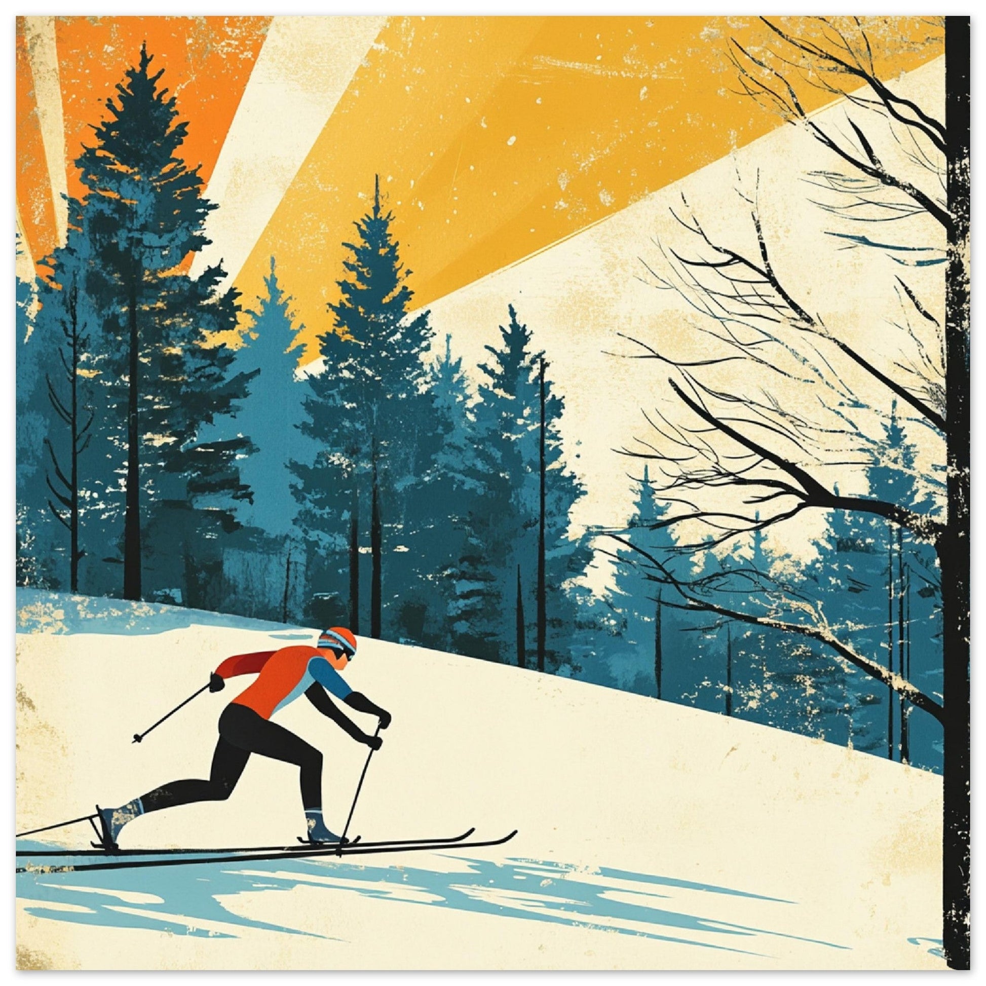 Tableau photo Illustration vintage d'un skieur de fond — tirage aluminium Dibond mat, fabrication française, prêt à accrocher