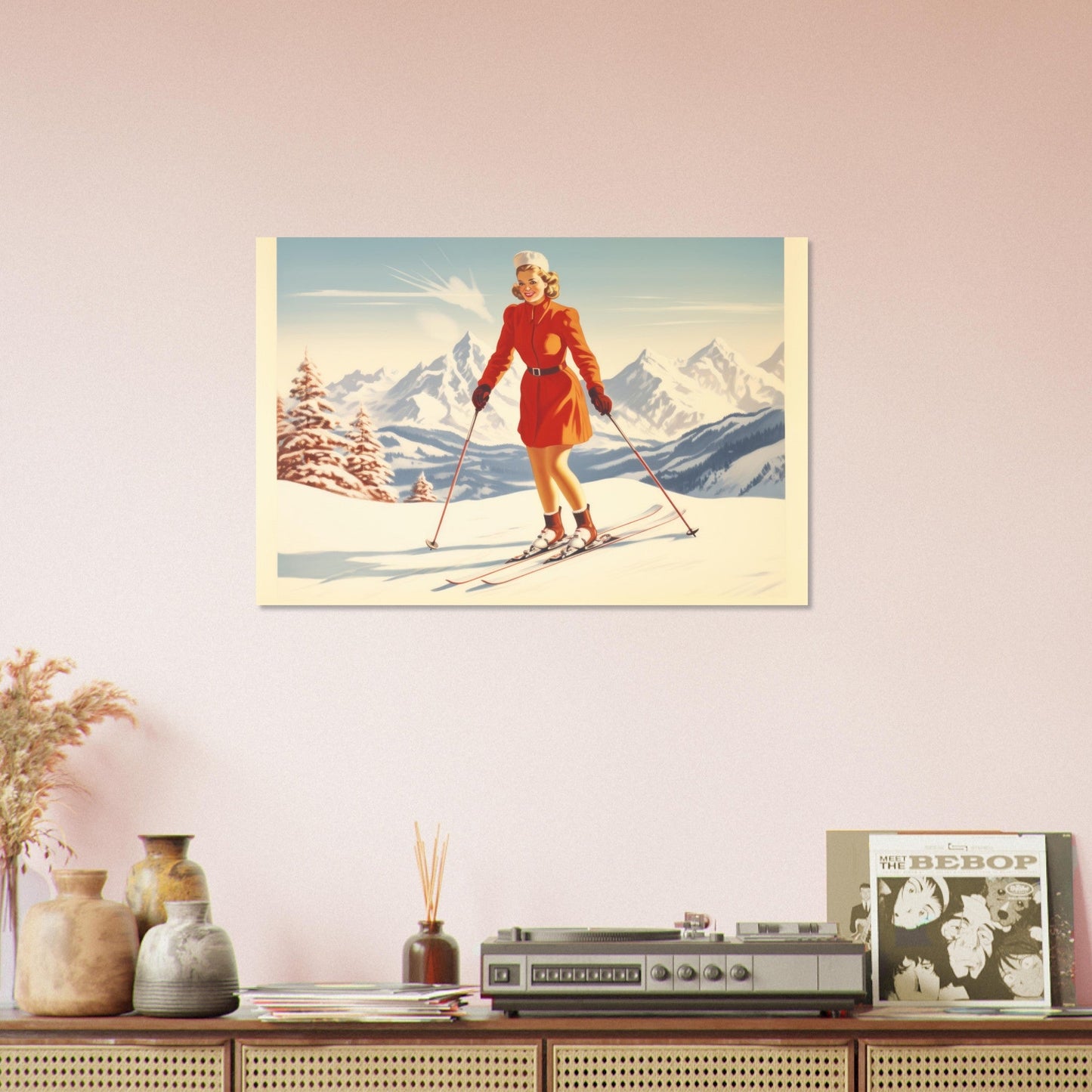 Vente Illustration vintage d'une femme des années 60 au ski - Illustration vintage / rétro