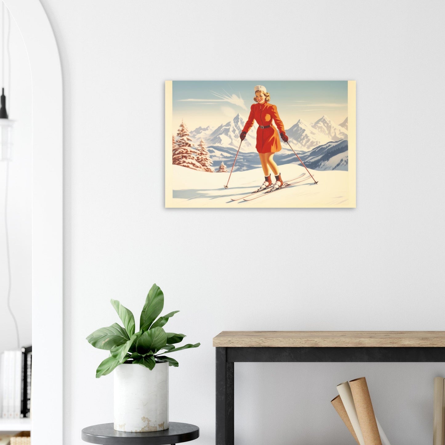 Vente Illustration vintage d'une femme des années 60 au ski - Illustration vintage / rétro