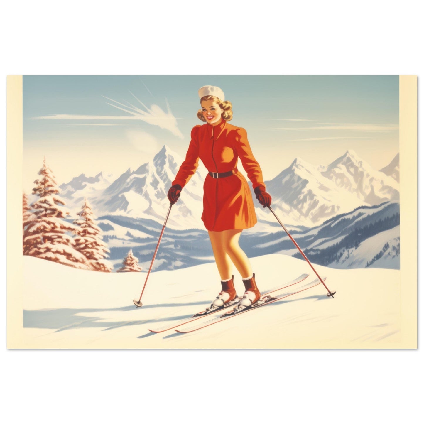 Vente Illustration vintage d'une femme des années 60 au ski - Illustration vintage / rétro