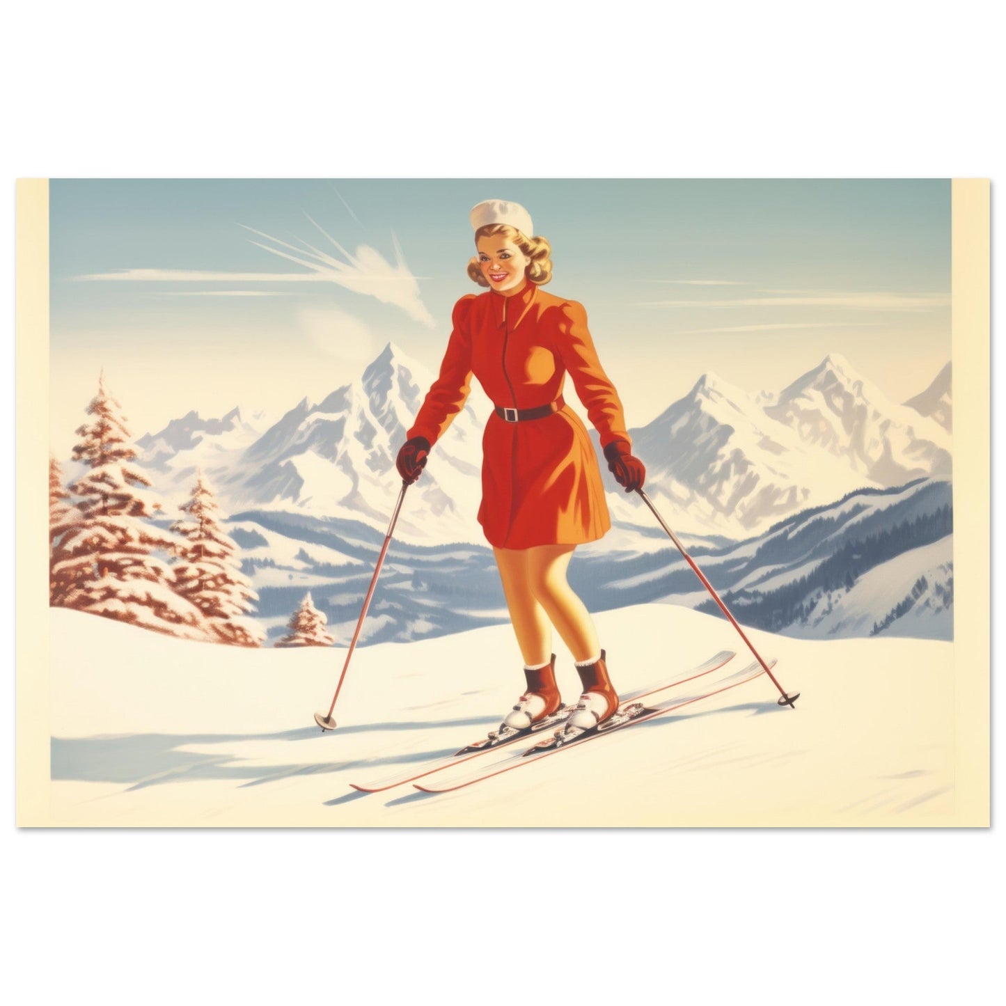 Vente Illustration vintage d'une femme des années 60 au ski - Illustration vintage / rétro