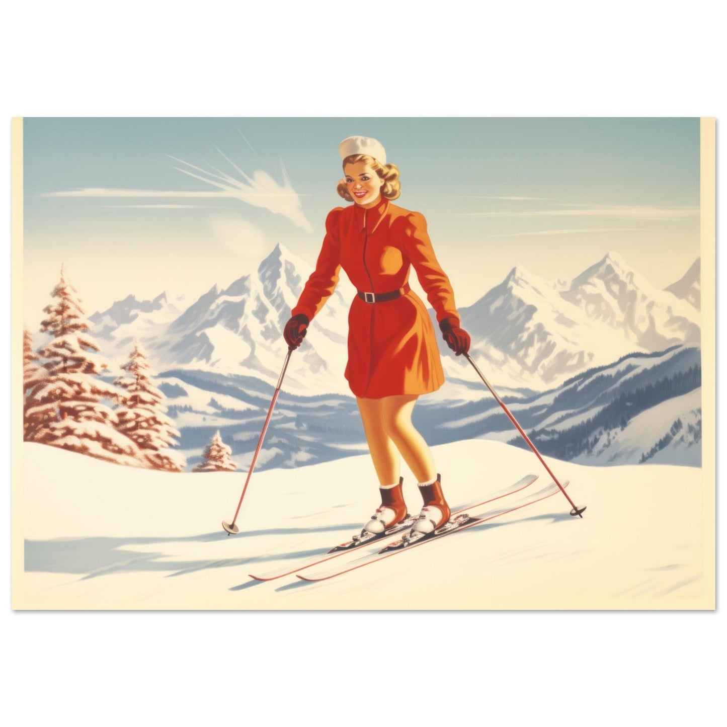 Vente Illustration vintage d'une femme des années 60 au ski - Illustration vintage / rétro