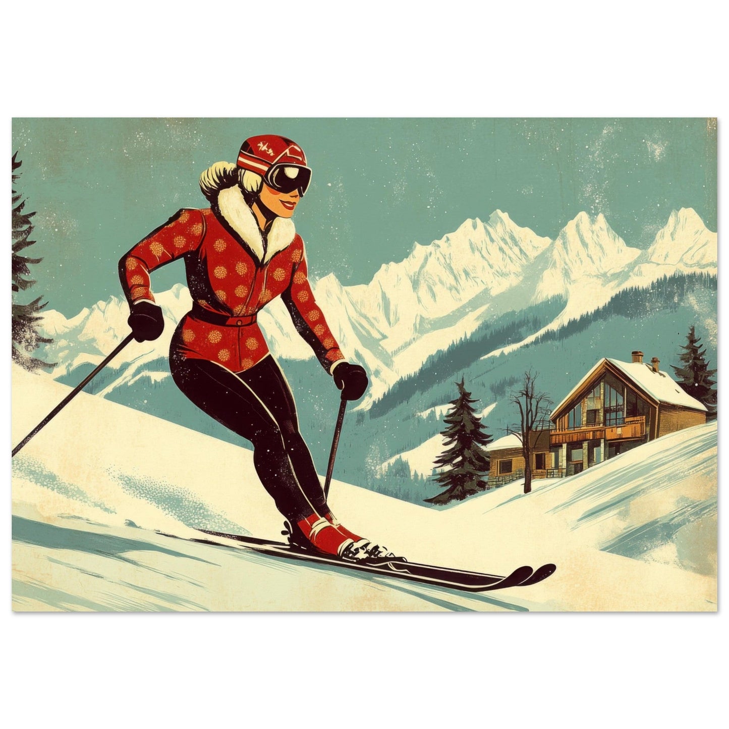 Vente Illustration vintage d'unz skieuse - Illustration vintage / rétro