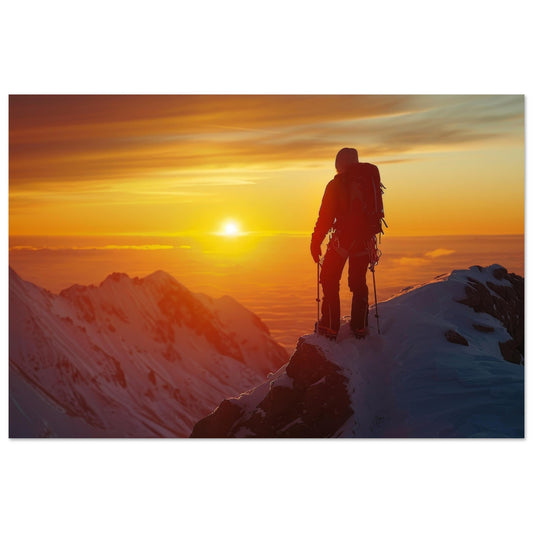 Vente Photo d'alpiniste au sommet face au coucher de soleil - Tableau photo alu montagne