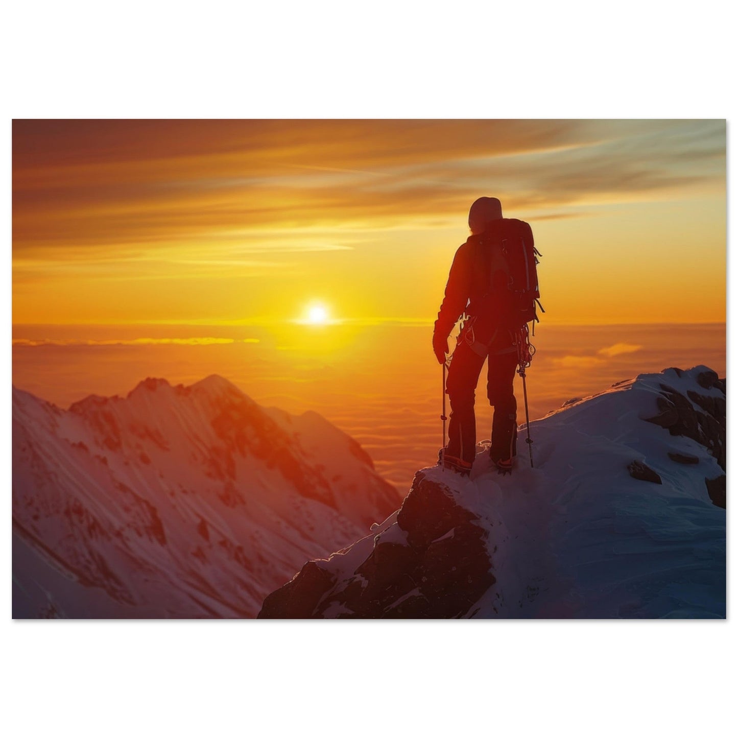 Vente Photo d'alpiniste au sommet face au coucher de soleil - Tableau photo alu montagne