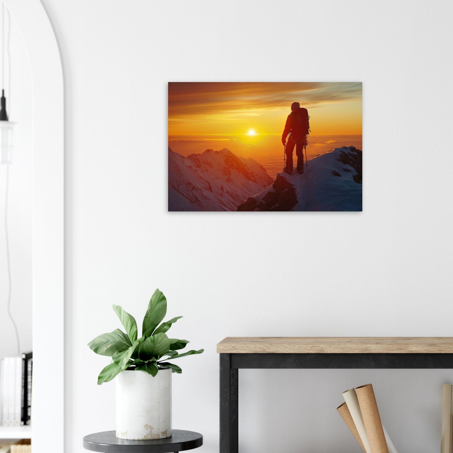 Vente Photo d'alpiniste au sommet face au coucher de soleil - Tableau photo alu montagne