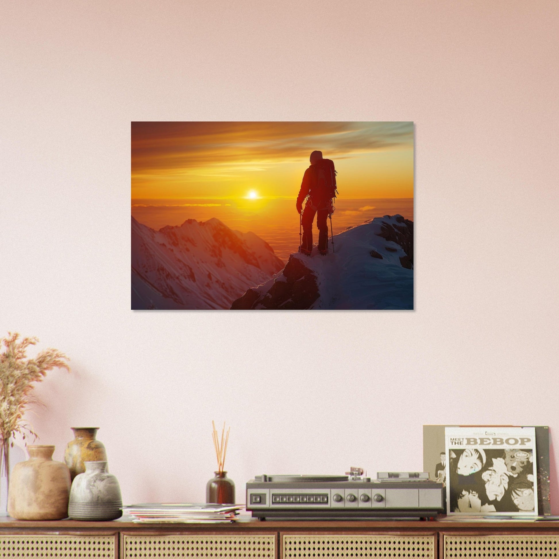 Vente Photo d'alpiniste au sommet face au coucher de soleil - Tableau photo alu montagne