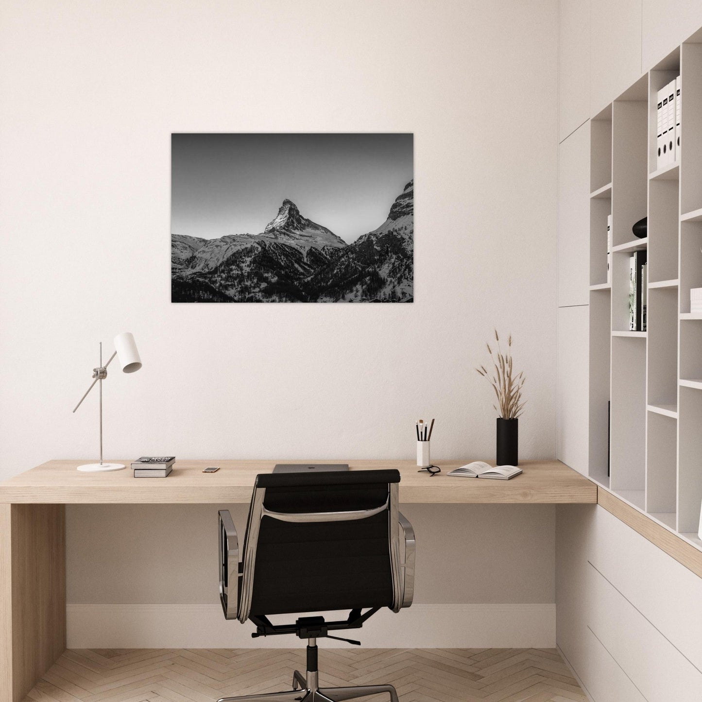 Tableau photo Photo Dernière lueur sur le Cervin — noir & blanc (Zermatt, Suisse) — tirage aluminium Dibond mat, fabrication française, prêt à accrocher