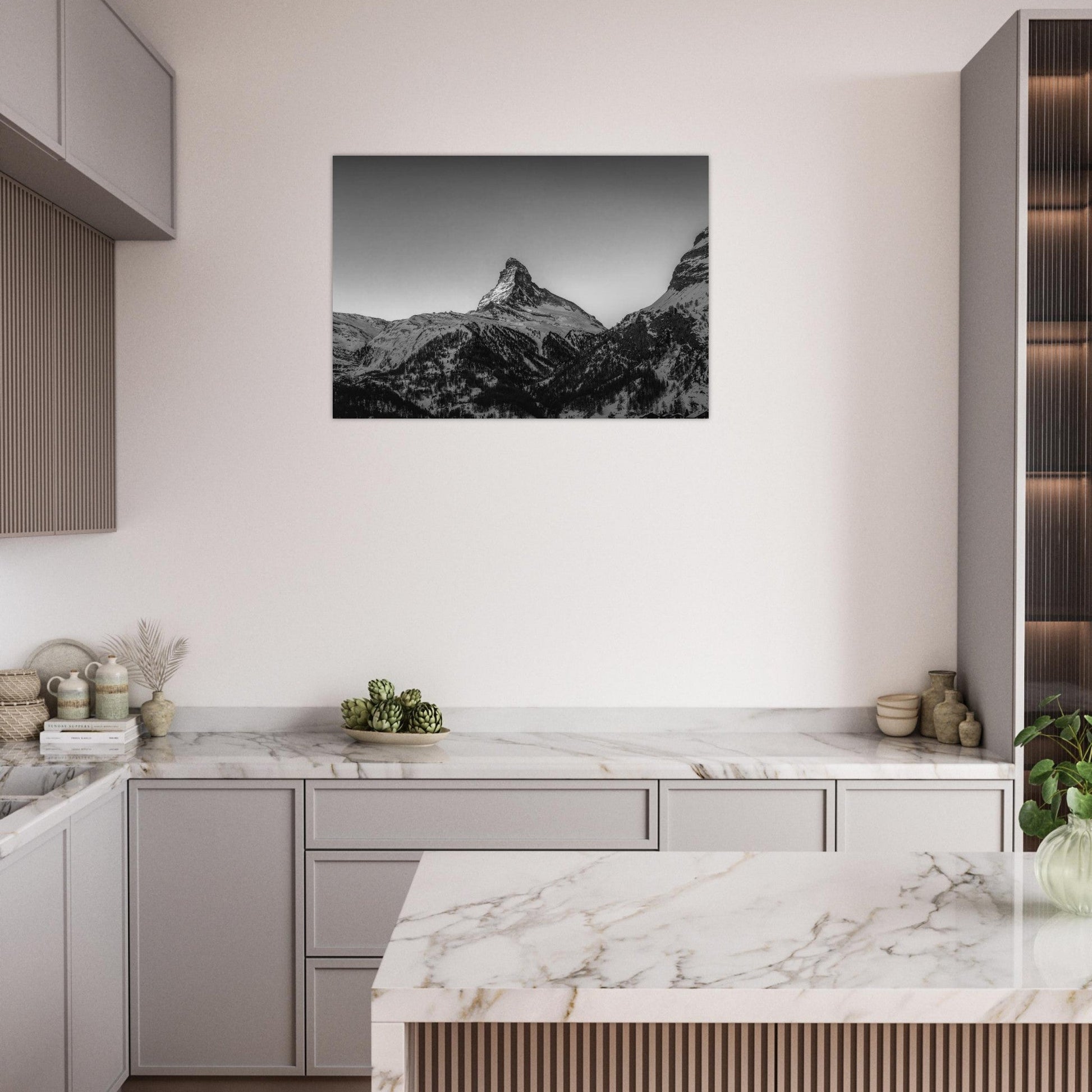 Tableau photo Photo Dernière lueur sur le Cervin — noir & blanc (Zermatt, Suisse) — tirage aluminium Dibond mat, fabrication française, prêt à accrocher