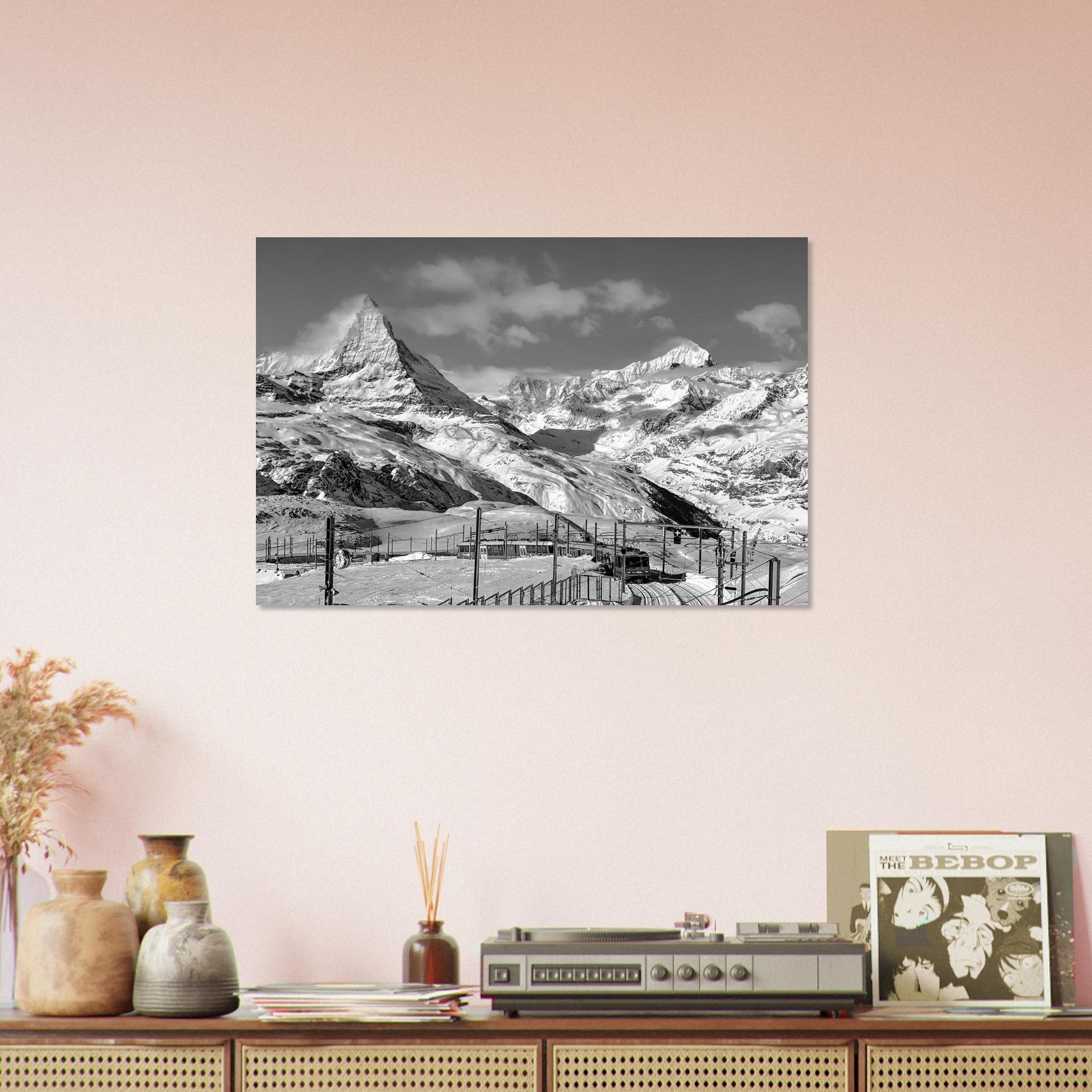 Tableau photo Photo du train de Zermatt, Alpes Suisse 1 - Noir & Blanc — tirage aluminium Dibond mat, fabrication française, prêt à accrocher