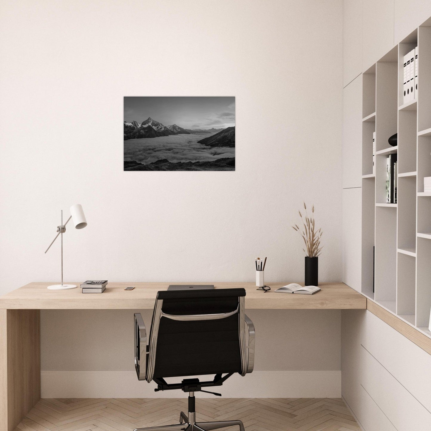 Tableau photo Photo d'un coucher de soleil et mer de nuage, Weisshorn, Randa, Suisse - Noir & Blanc — tirage aluminium Dibond mat, fabrication française, prêt à accrocher