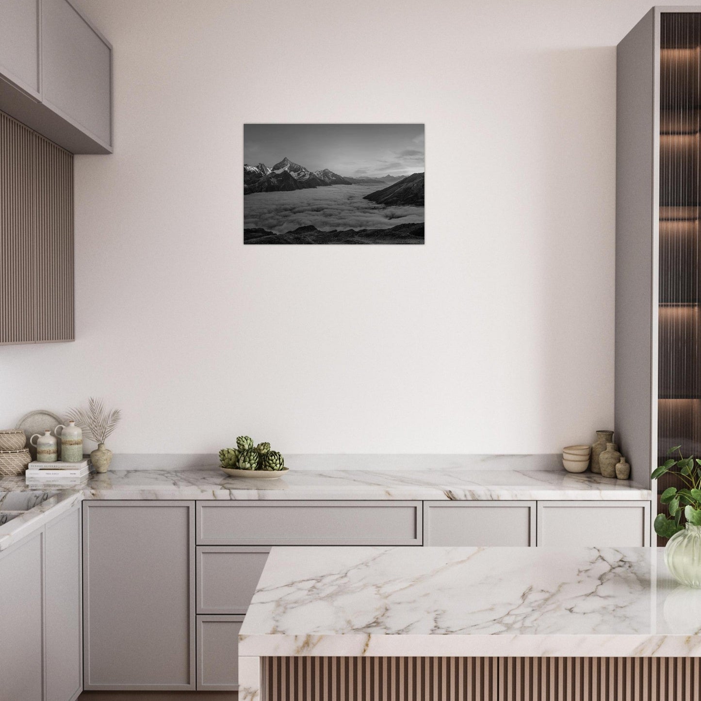 Tableau photo Photo d'un coucher de soleil et mer de nuage, Weisshorn, Randa, Suisse - Noir & Blanc — tirage aluminium Dibond mat, fabrication française, prêt à accrocher