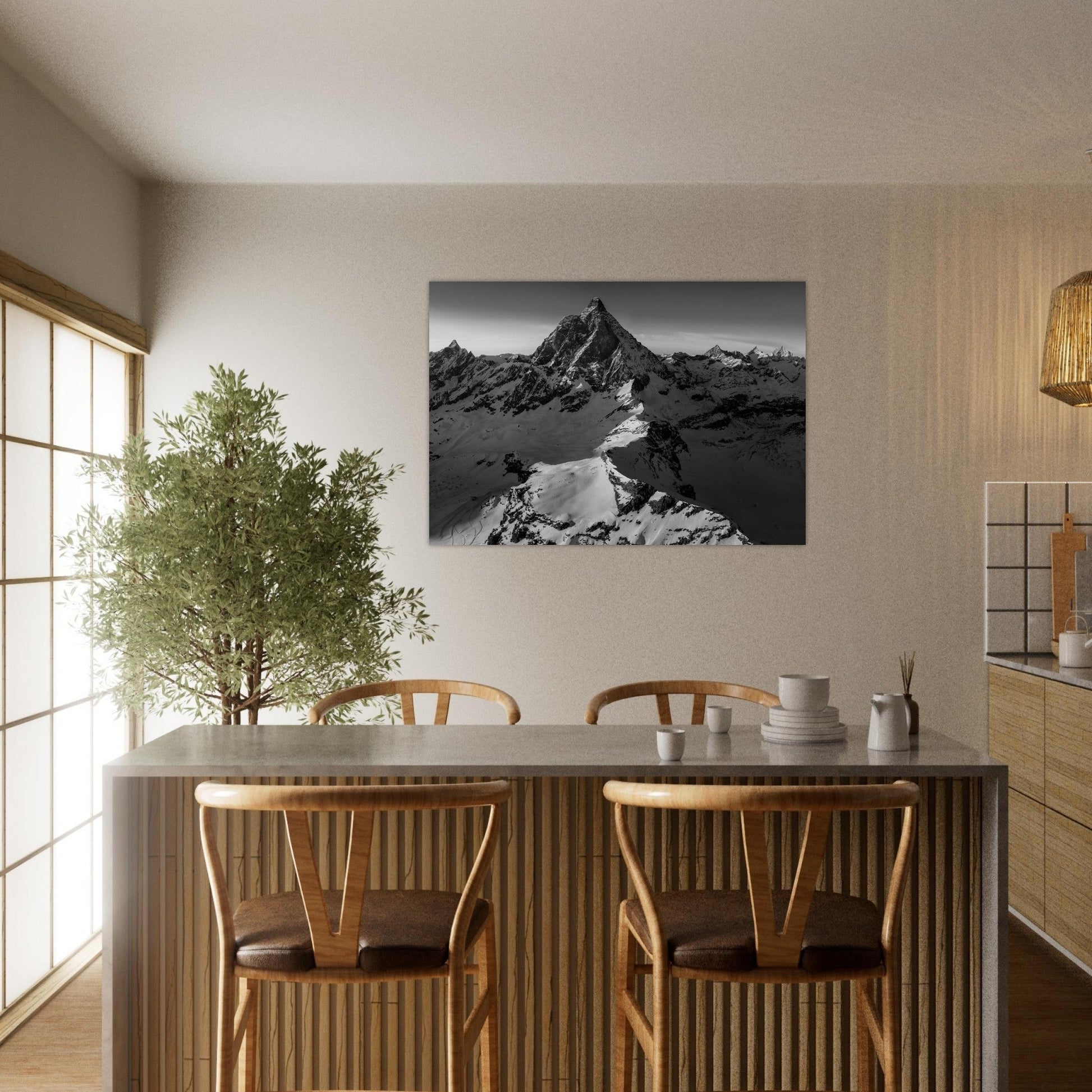 Tableau photo Photo d'un coucher de soleil sur le Cervin, frontière Italie - Suisse - Noir & Blanc — tirage aluminium Dibond mat, fabrication française, prêt à accrocher