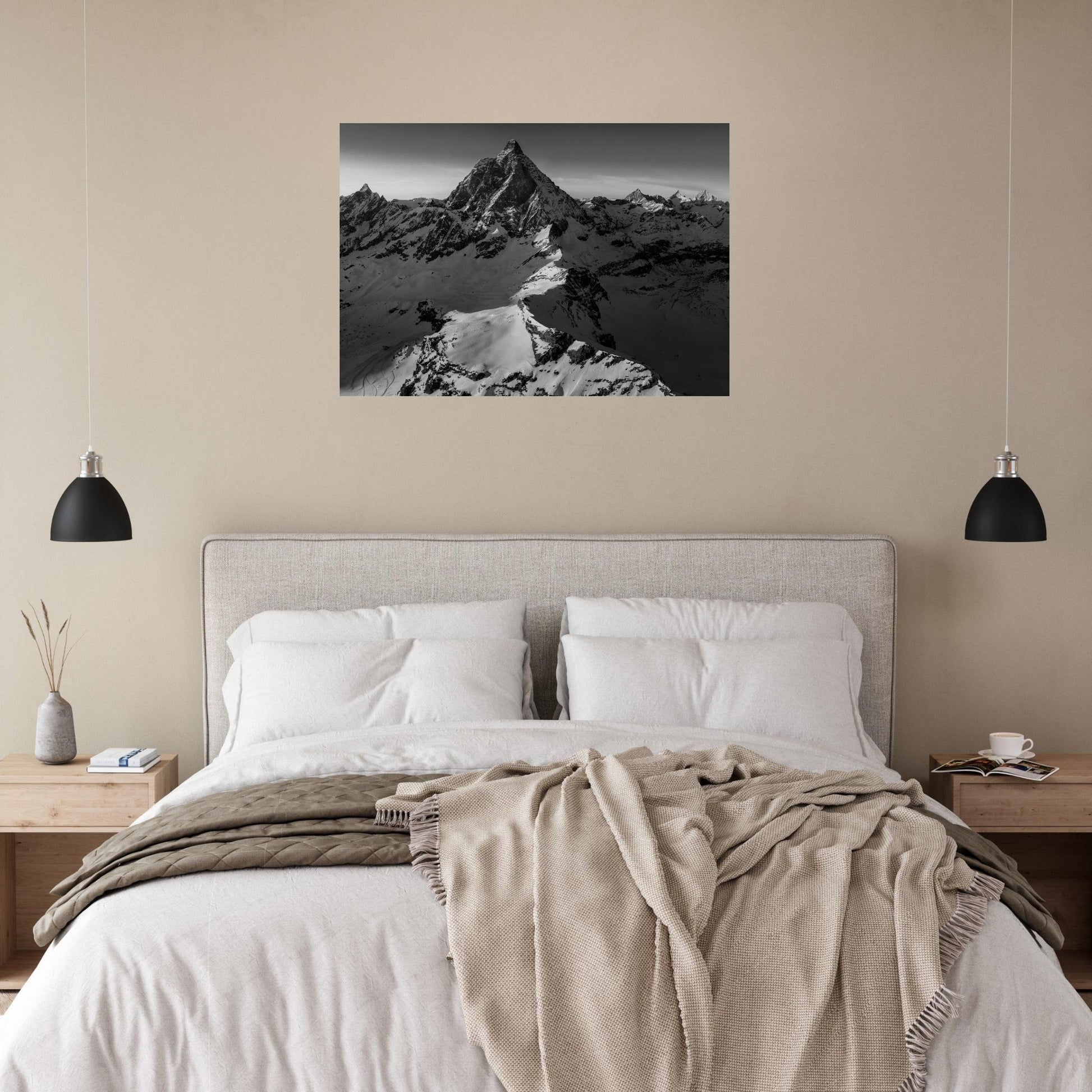 Tableau photo Photo d'un coucher de soleil sur le Cervin, frontière Italie - Suisse - Noir & Blanc — tirage aluminium Dibond mat, fabrication française, prêt à accrocher