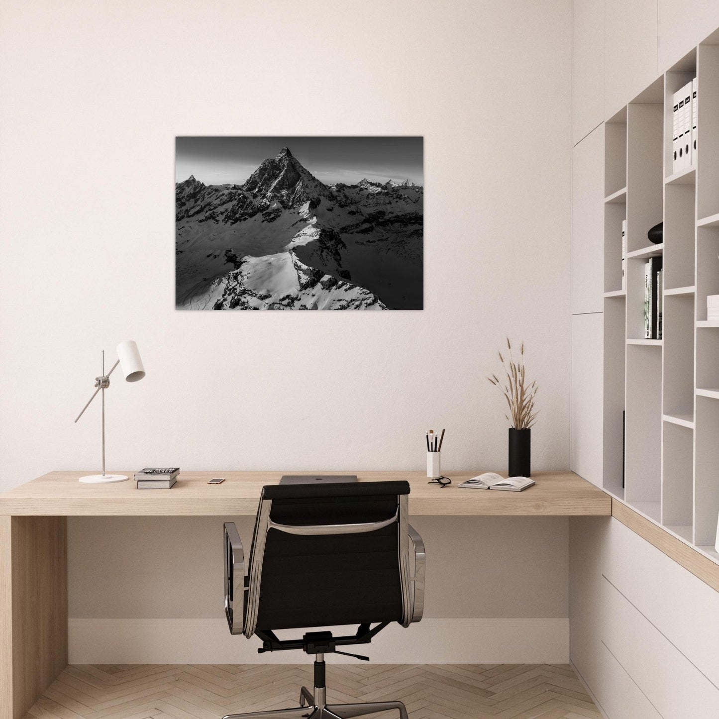 Tableau photo Photo d'un coucher de soleil sur le Cervin, frontière Italie - Suisse - Noir & Blanc — tirage aluminium Dibond mat, fabrication française, prêt à accrocher