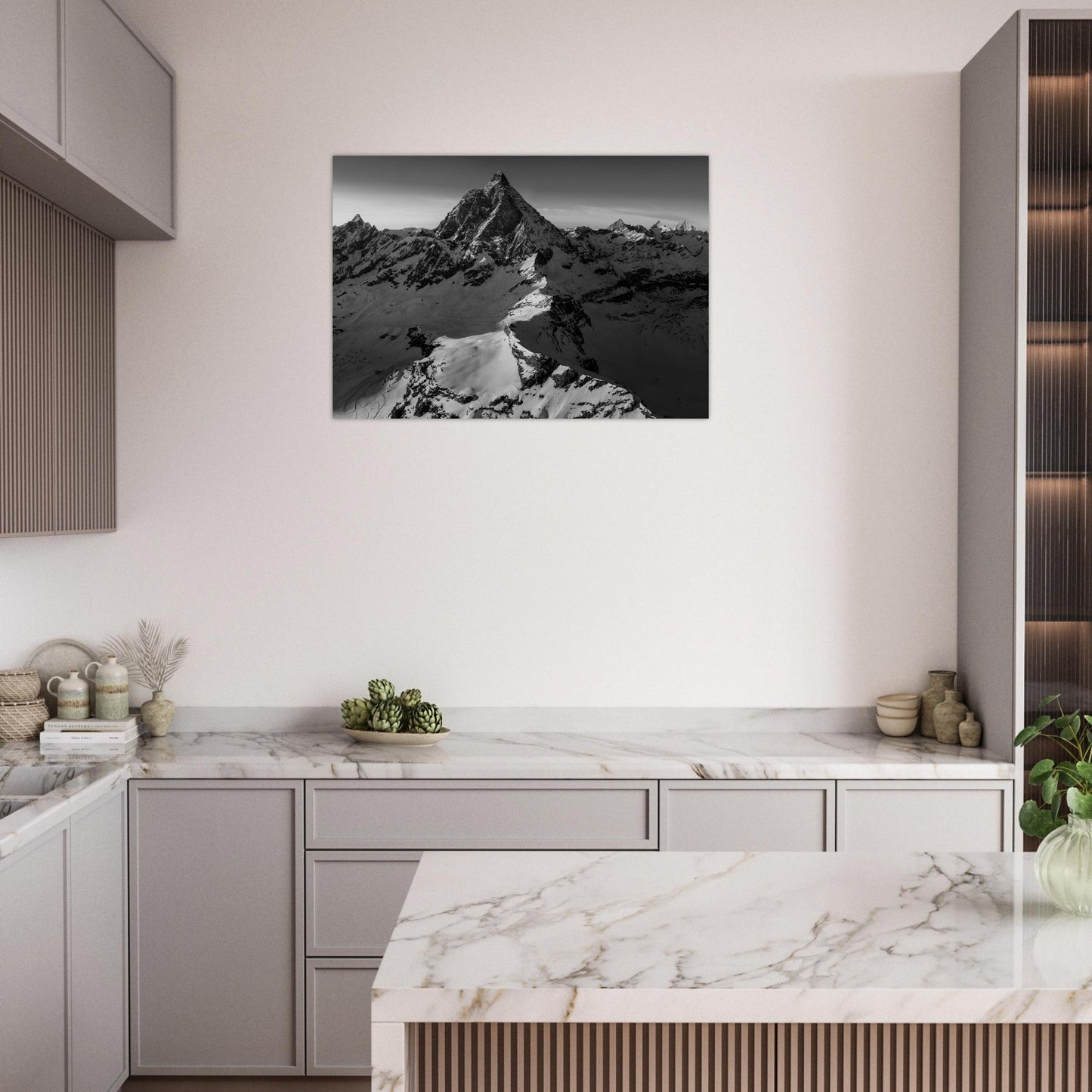 Tableau photo Photo d'un coucher de soleil sur le Cervin, frontière Italie - Suisse - Noir & Blanc — tirage aluminium Dibond mat, fabrication française, prêt à accrocher