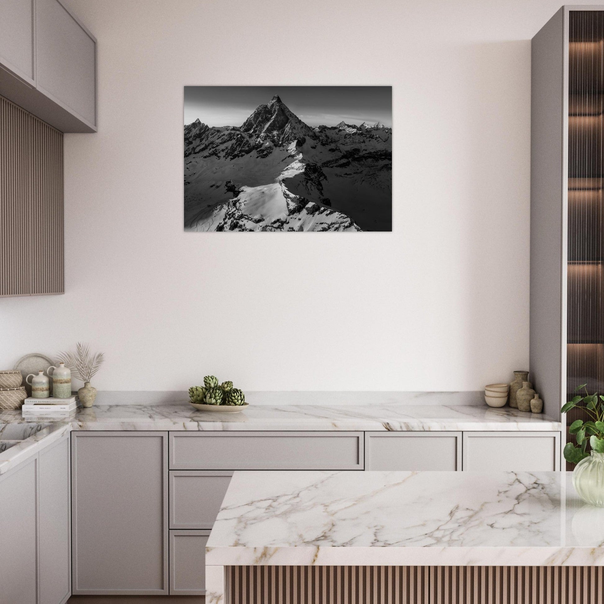 Tableau photo Photo d'un coucher de soleil sur le Cervin, frontière Italie - Suisse - Noir & Blanc — tirage aluminium Dibond mat, fabrication française, prêt à accrocher