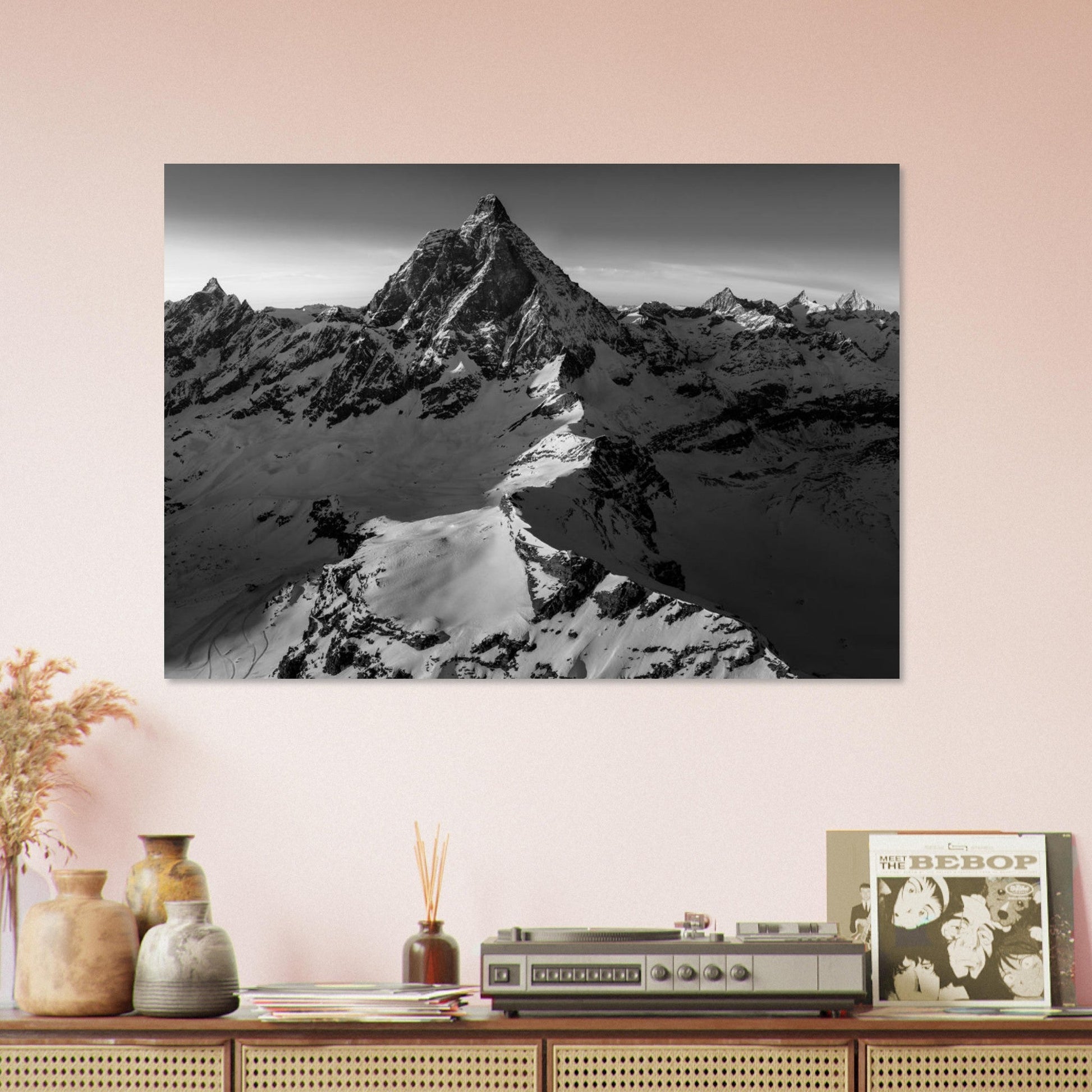 Tableau photo Photo d'un coucher de soleil sur le Cervin, frontière Italie - Suisse - Noir & Blanc — tirage aluminium Dibond mat, fabrication française, prêt à accrocher