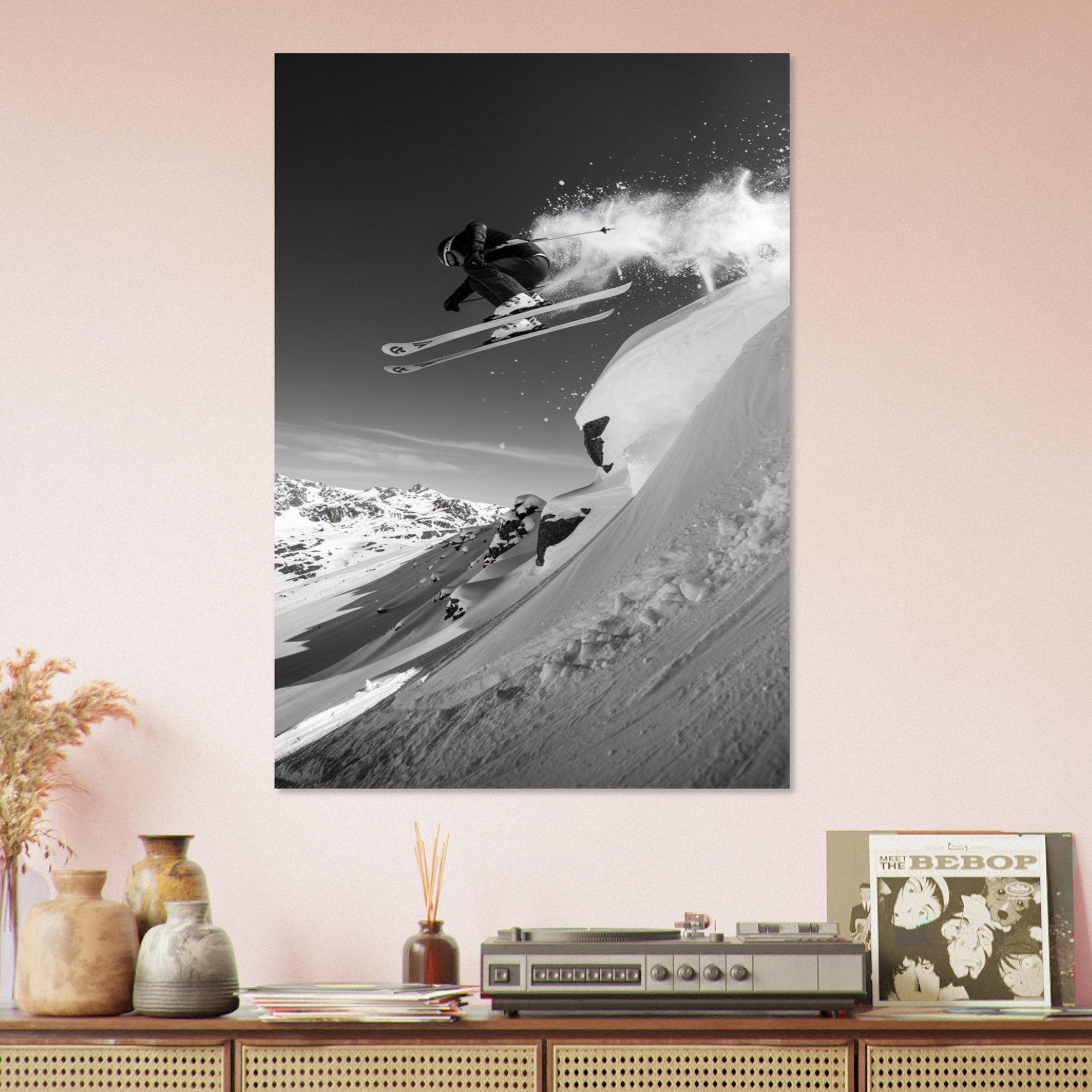 Vente Photo d'un saut de skieur dans la poudre - Noir & Blanc #1 - Tableau photo paysage IA