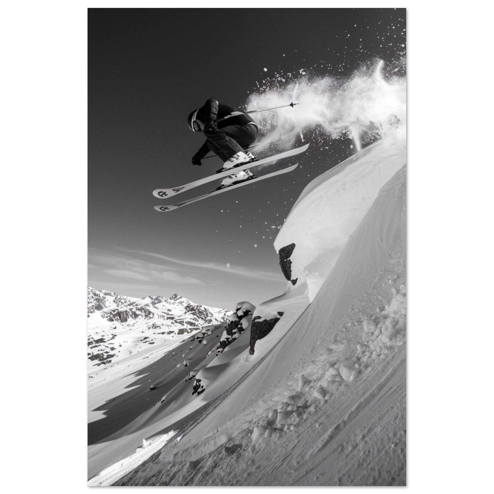 Vente Photo d'un saut de skieur dans la poudre - Noir & Blanc #1 - Tableau photo paysage IA