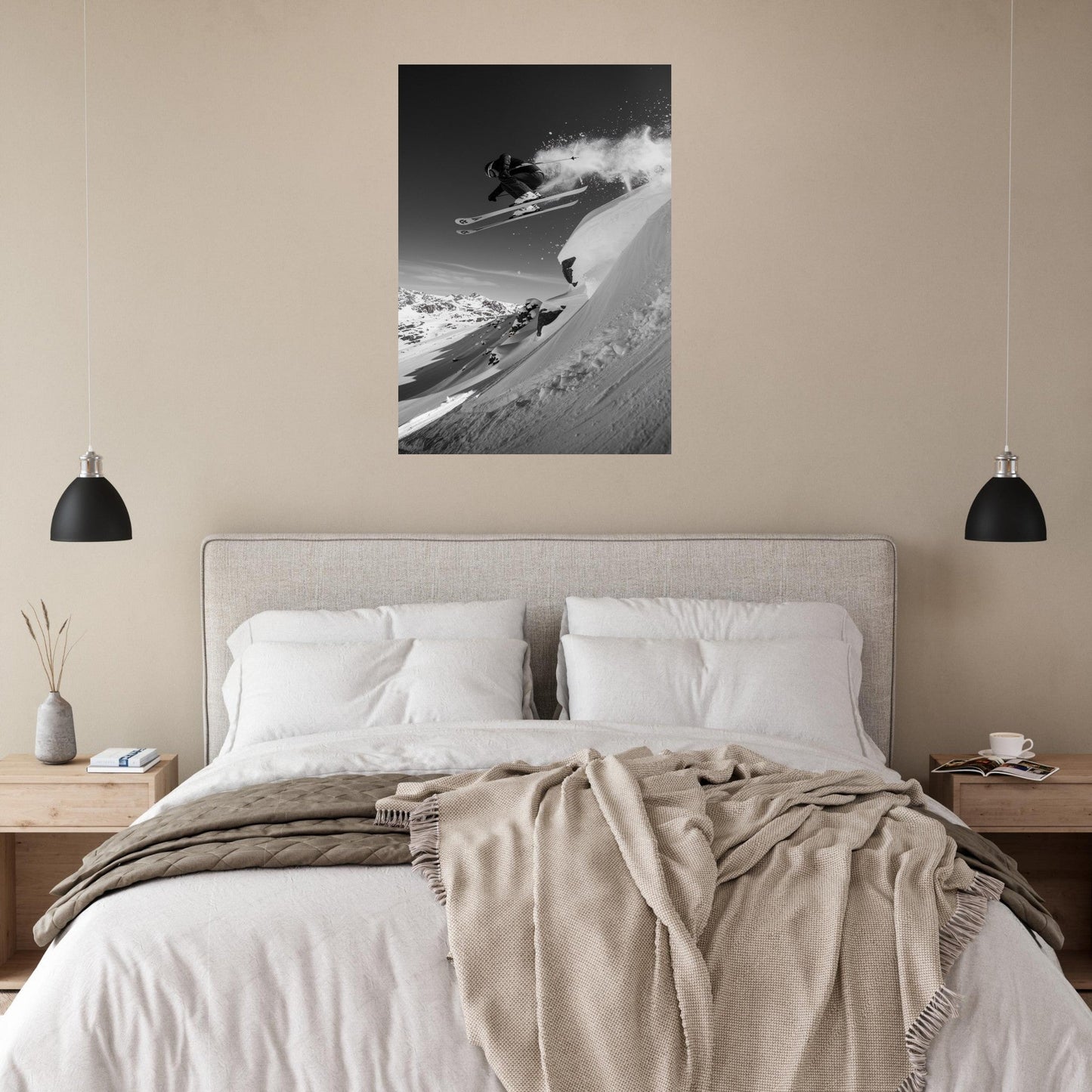 Vente Photo d'un saut de skieur dans la poudre - Noir & Blanc #1 - Tableau photo paysage IA