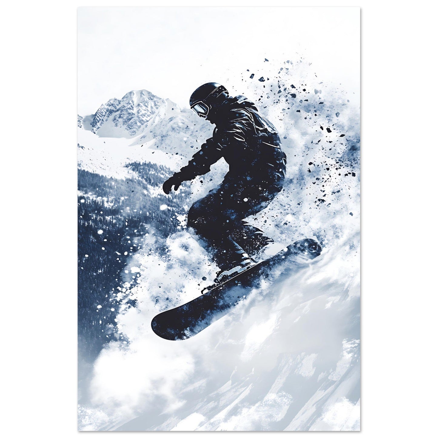 Vente Photo d'un saut de snowboardeur dans la poudre #1 - Tableau photo paysage IA