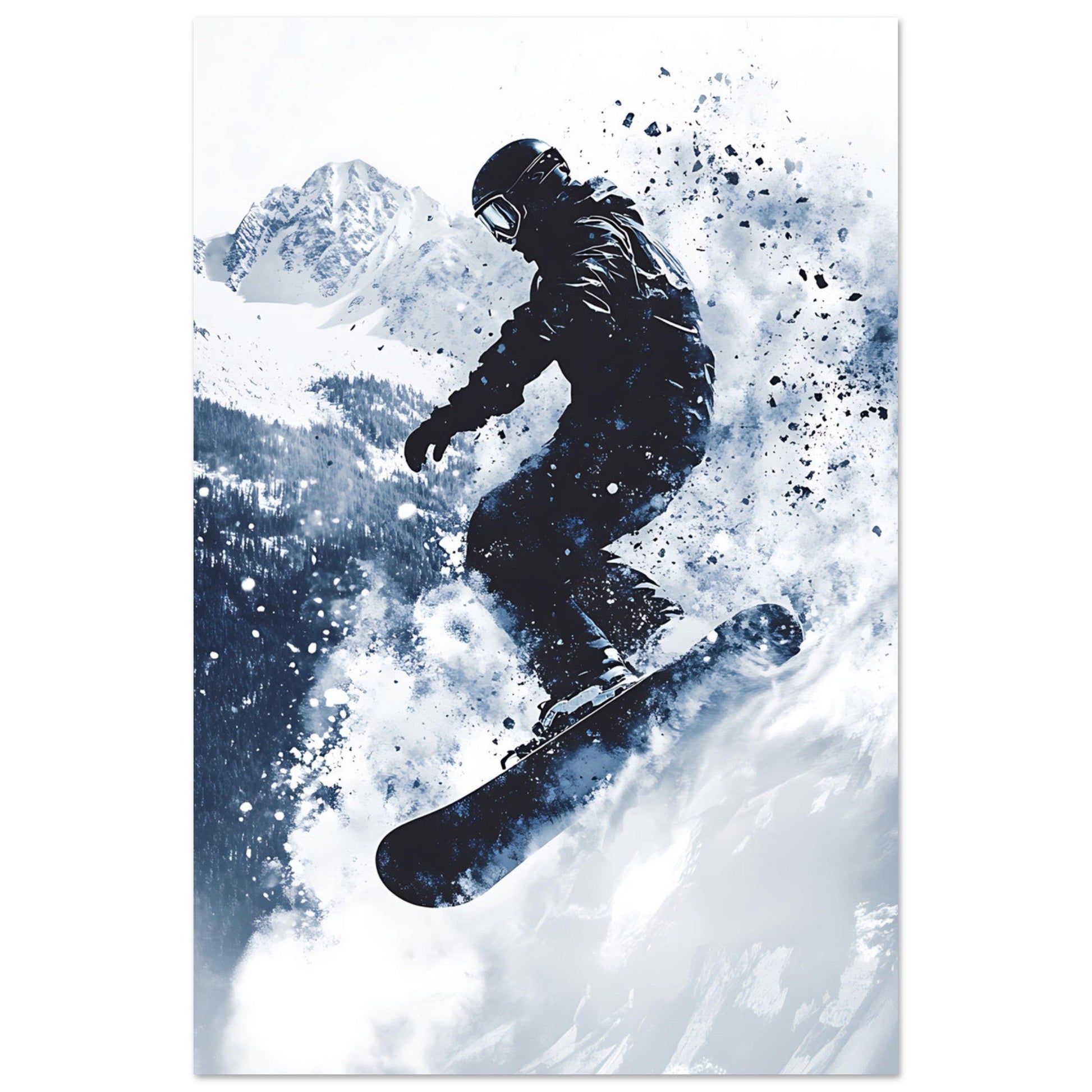 Vente Photo d'un saut de snowboardeur dans la poudre #1 - Tableau photo paysage IA