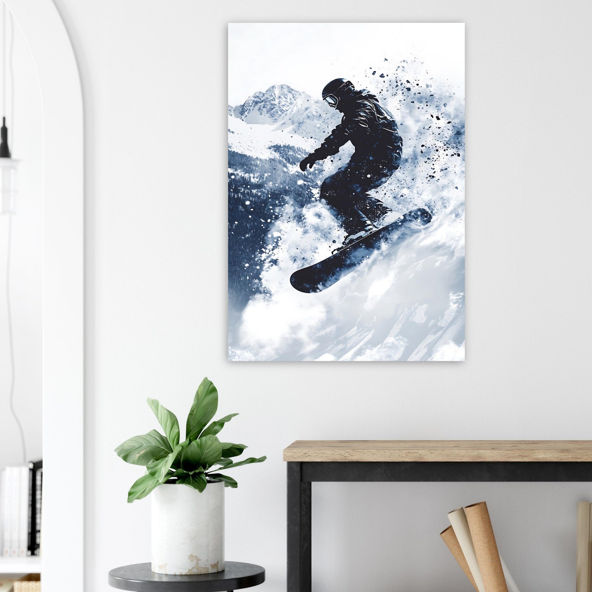 Vente Photo d'un saut de snowboardeur dans la poudre #1 - Tableau photo paysage IA