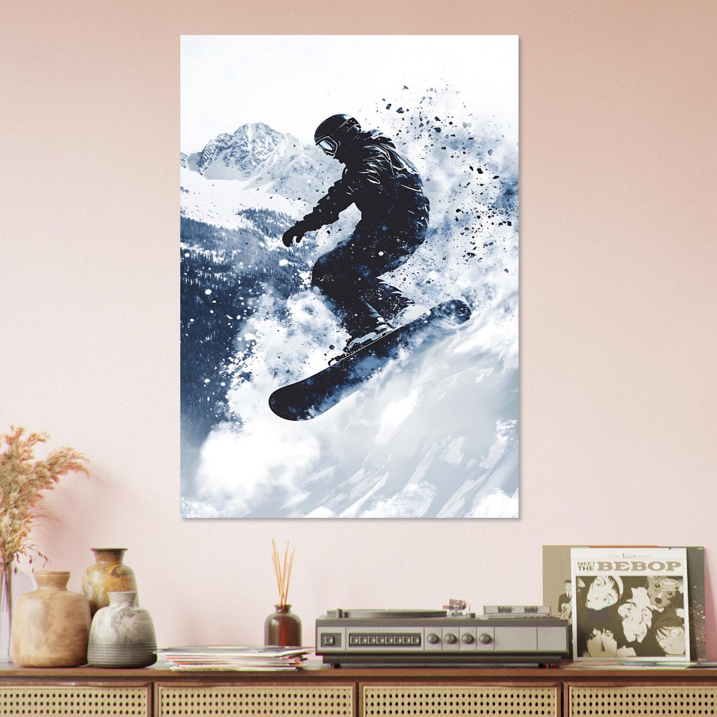 Vente Photo d'un saut de snowboardeur dans la poudre #1 - Tableau photo paysage IA