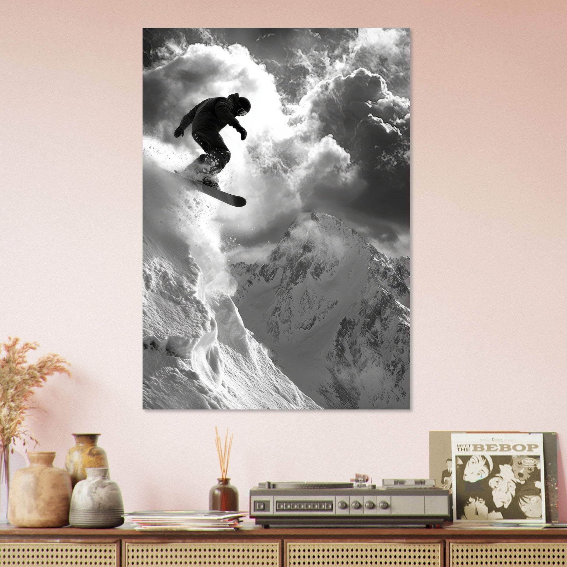 Vente Photo d'un saut de snowboardeur dans la poudre - Noir & Blanc #1 - Tableau photo paysage IA