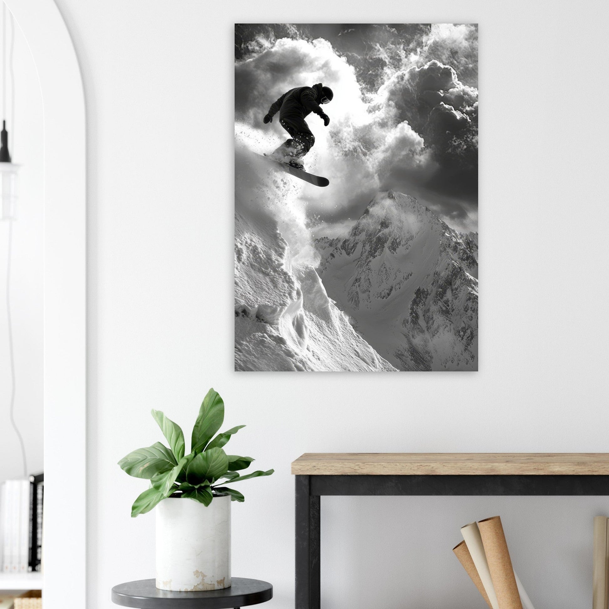 Vente Photo d'un saut de snowboardeur dans la poudre - Noir & Blanc #1 - Tableau photo paysage IA