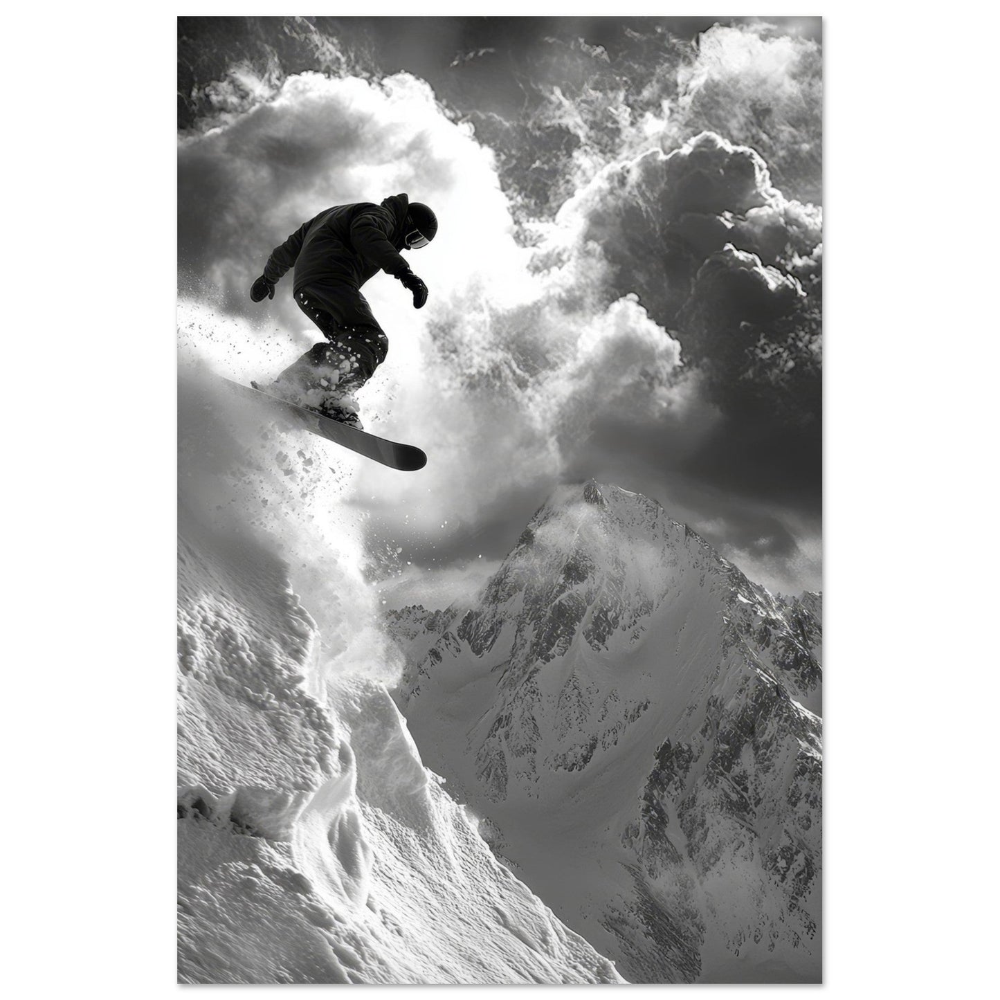 Vente Photo d'un saut de snowboardeur dans la poudre - Noir & Blanc #1 - Tableau photo paysage IA