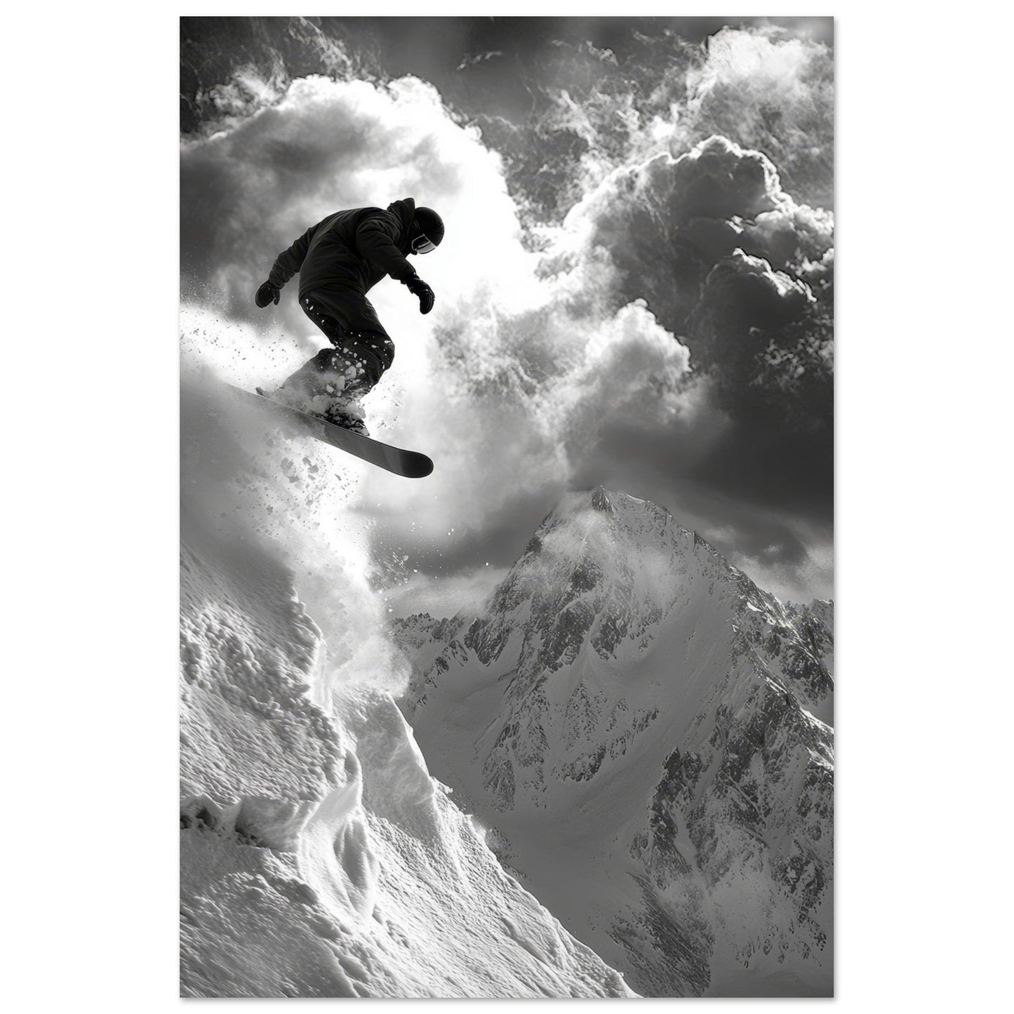 Vente Photo d'un saut de snowboardeur dans la poudre - Noir & Blanc #1 - Tableau photo paysage IA