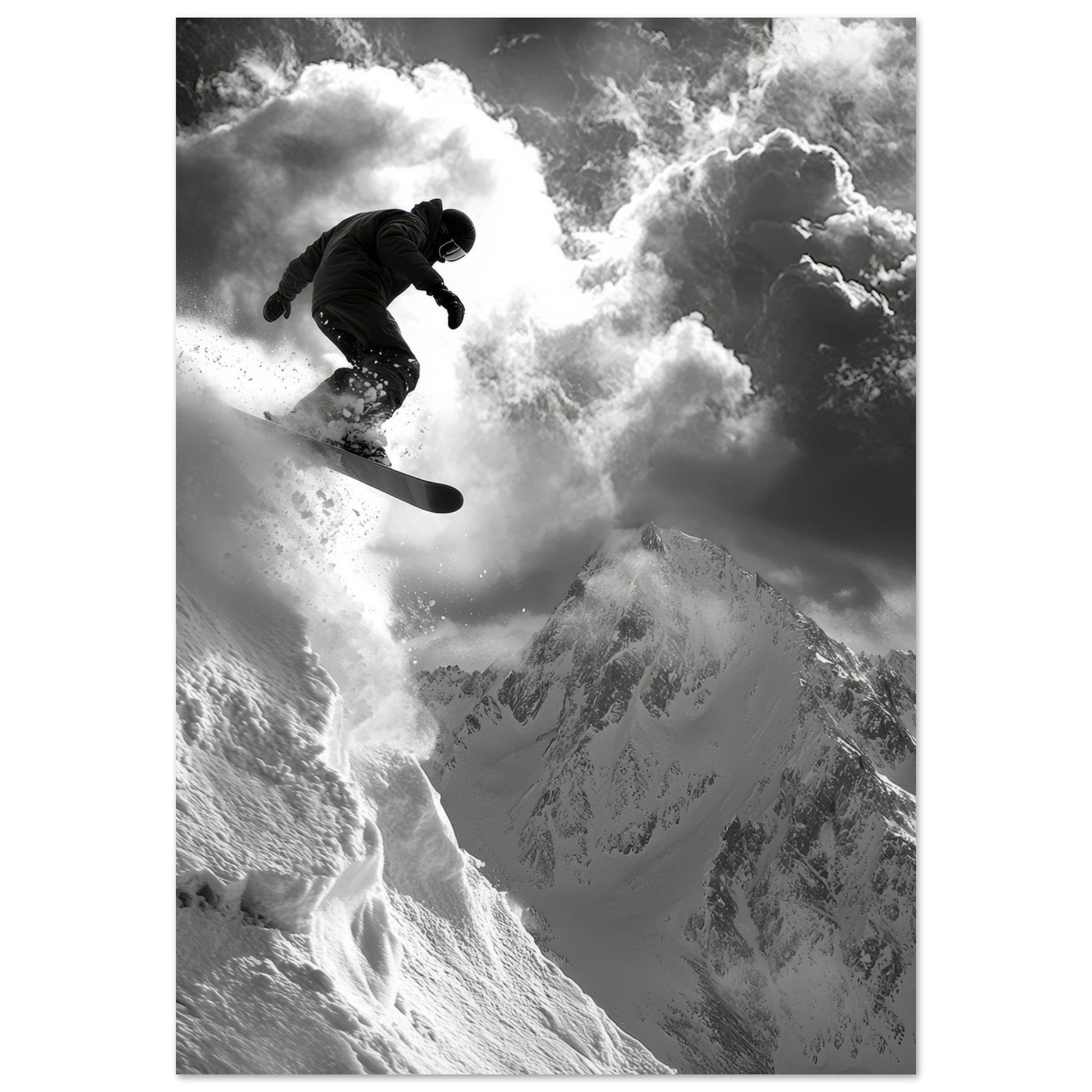 Tableau photo Photo d'un saut de snowboardeur dans la poudre - Noir & Blanc 1 — tirage aluminium Dibond mat, fabrication française, prêt à accrocher