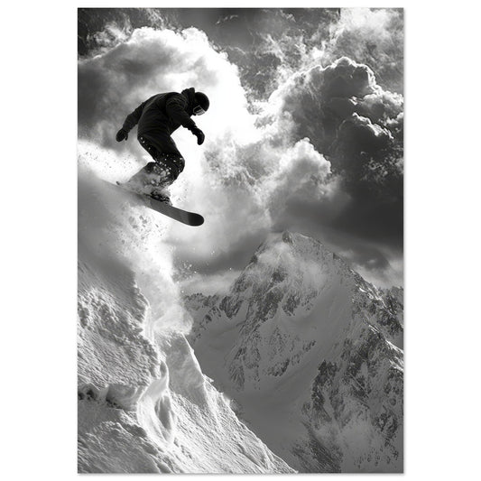 Vente Photo d'un saut de snowboardeur dans la poudre - Noir & Blanc #1 - Tableau photo paysage IA