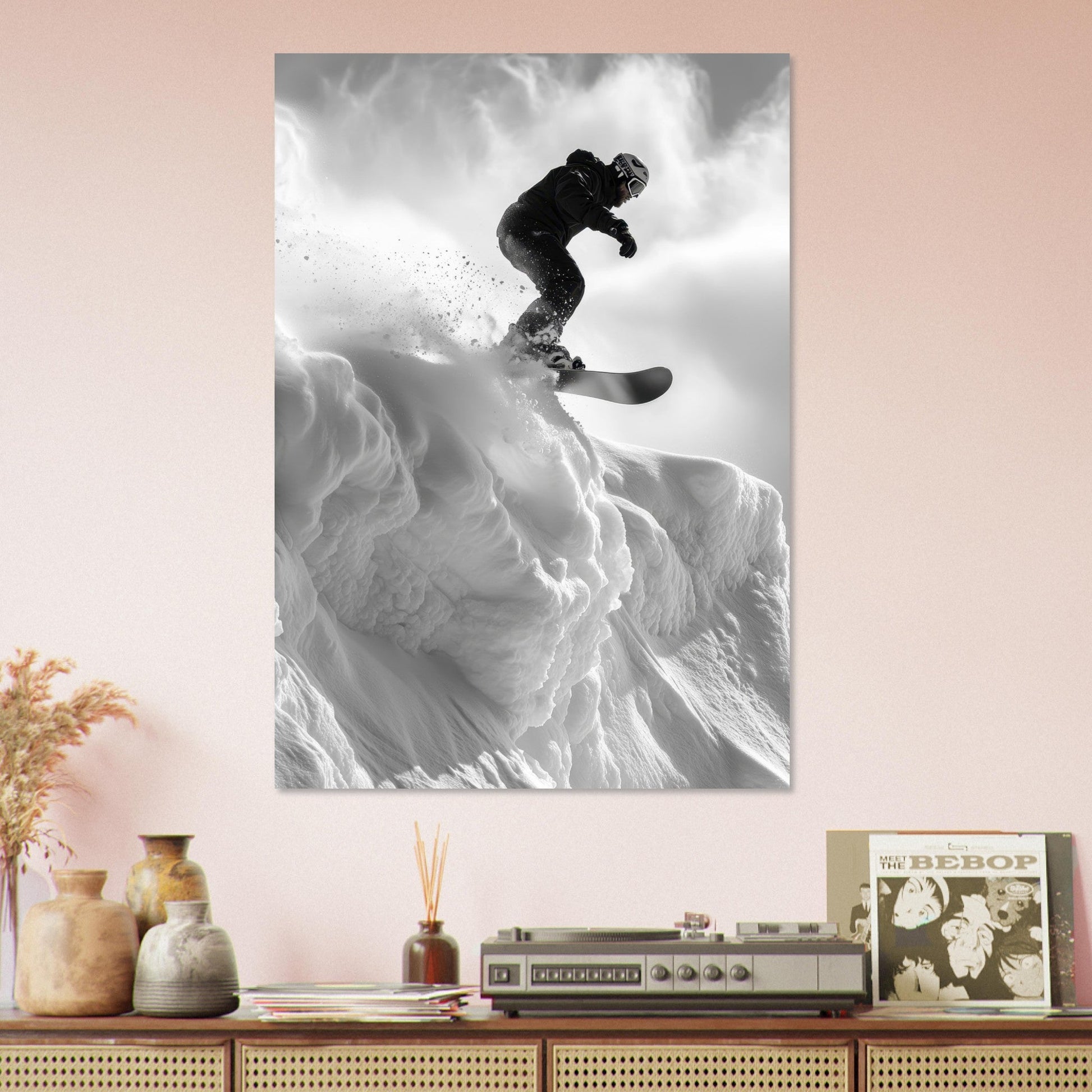 Vente Photo d'un saut de snowboardeur dans la poudre - Noir & Blanc #2 - Tableau photo paysage IA