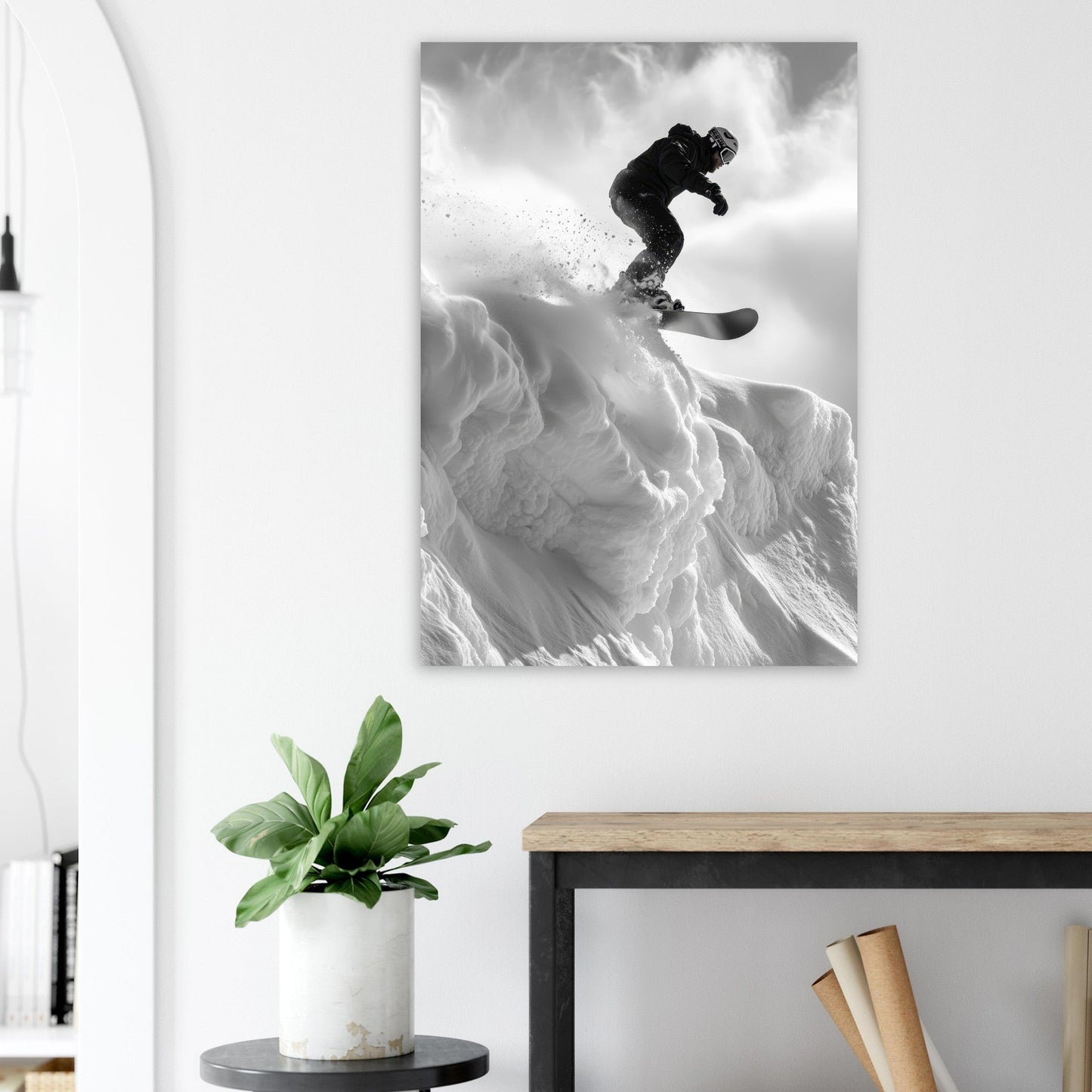 Vente Photo d'un saut de snowboardeur dans la poudre - Noir & Blanc #2 - Tableau photo paysage IA