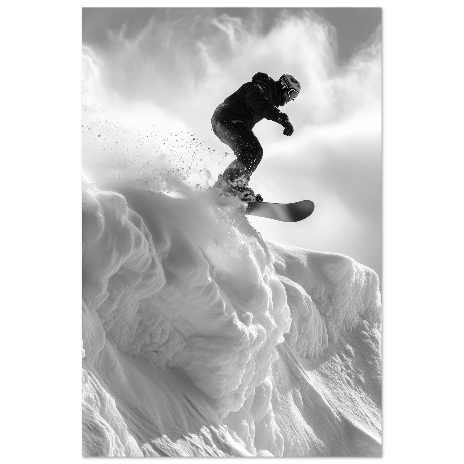 Vente Photo d'un saut de snowboardeur dans la poudre - Noir & Blanc #2 - Tableau photo paysage IA