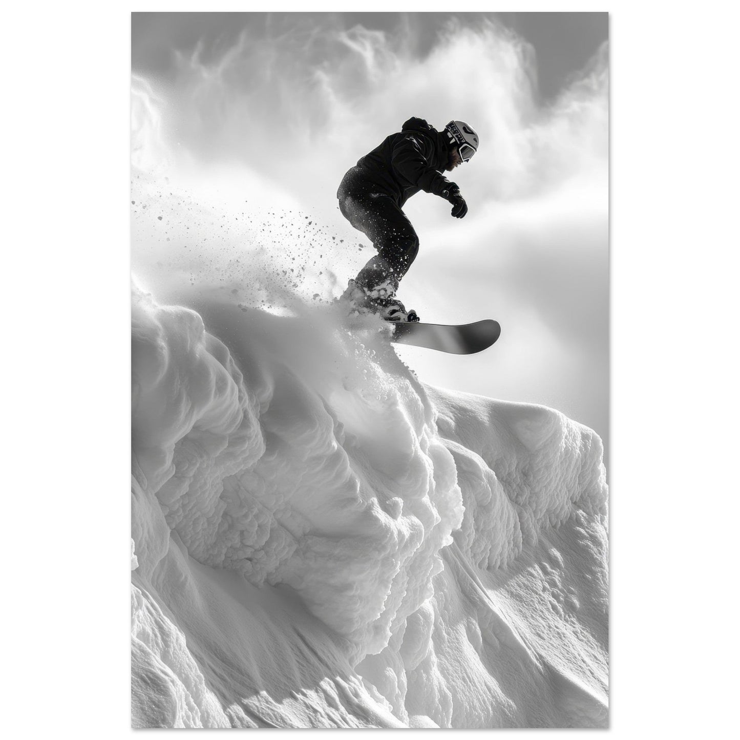 Vente Photo d'un saut de snowboardeur dans la poudre - Noir & Blanc #2 - Tableau photo paysage IA