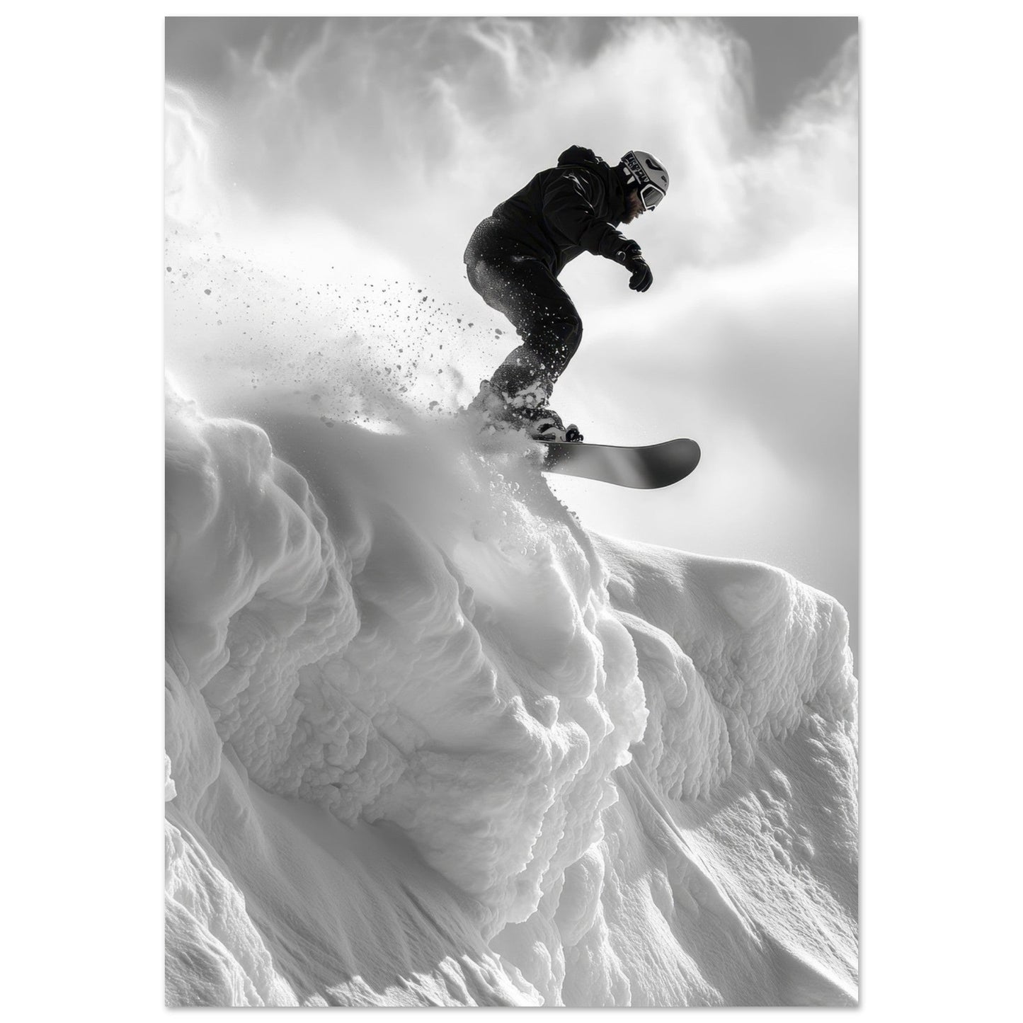 Vente Photo d'un saut de snowboardeur dans la poudre - Noir & Blanc #2 - Tableau photo paysage IA