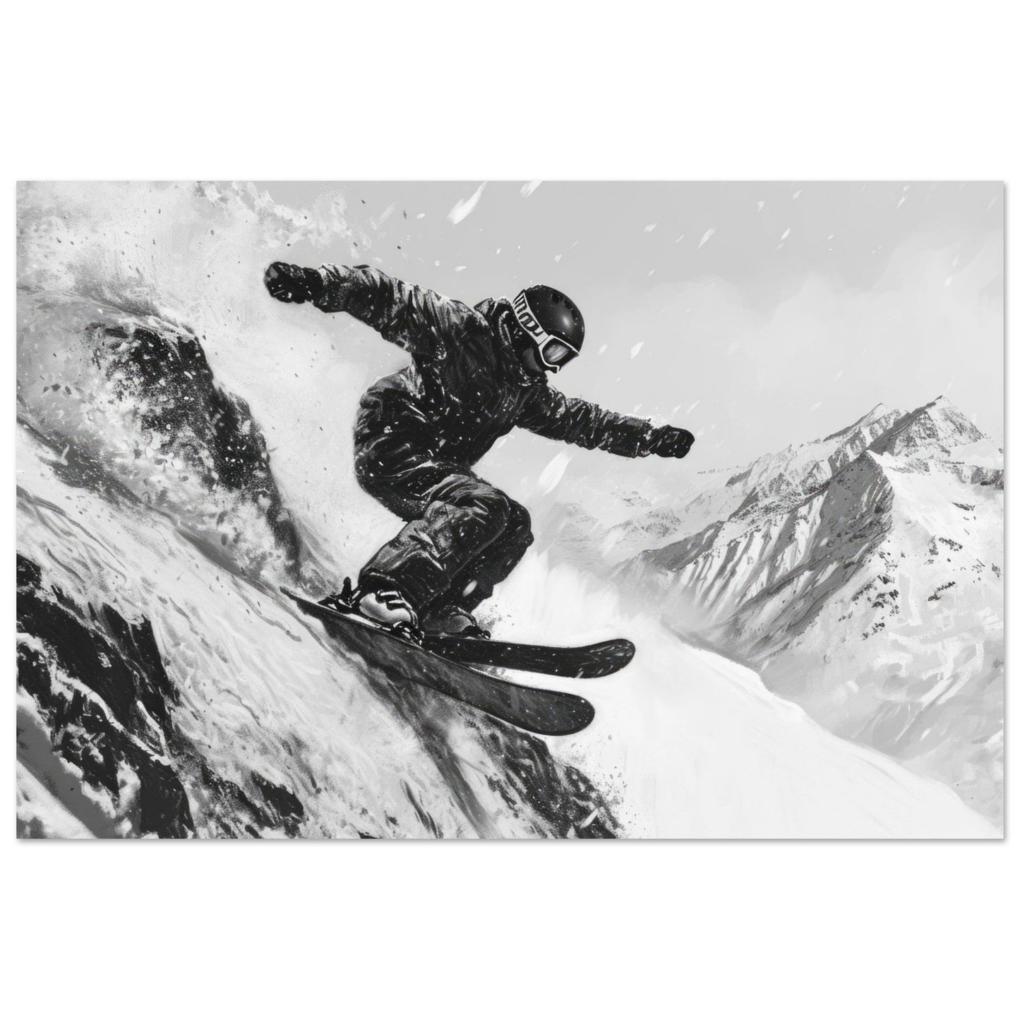 Vente Photo d'un skieur dans la poudre - Noir & Blanc - Tableau photo paysage IA