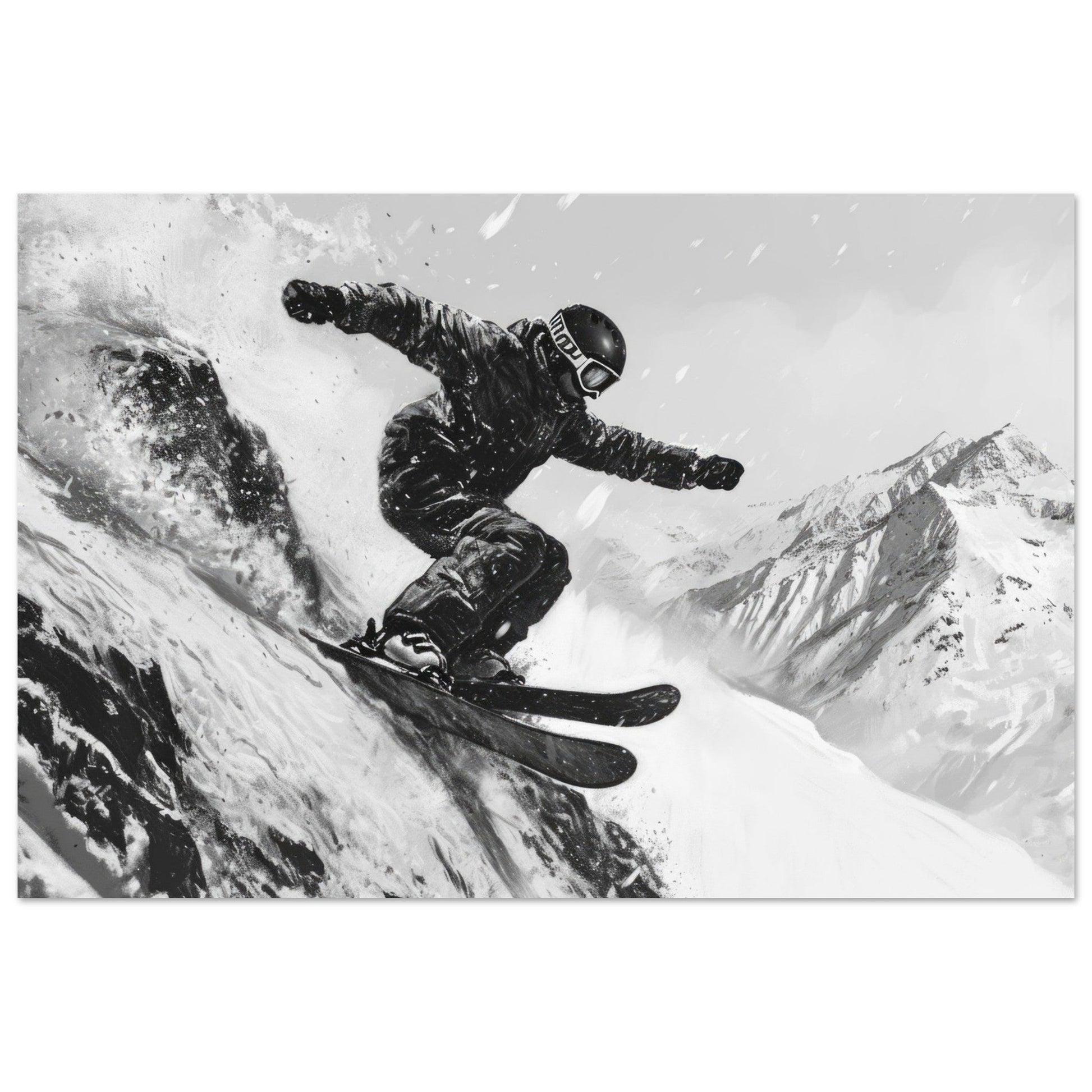 Tableau photo Photo d'un skieur dans la poudre - Noir & Blanc — tirage aluminium Dibond mat, fabrication française, prêt à accrocher