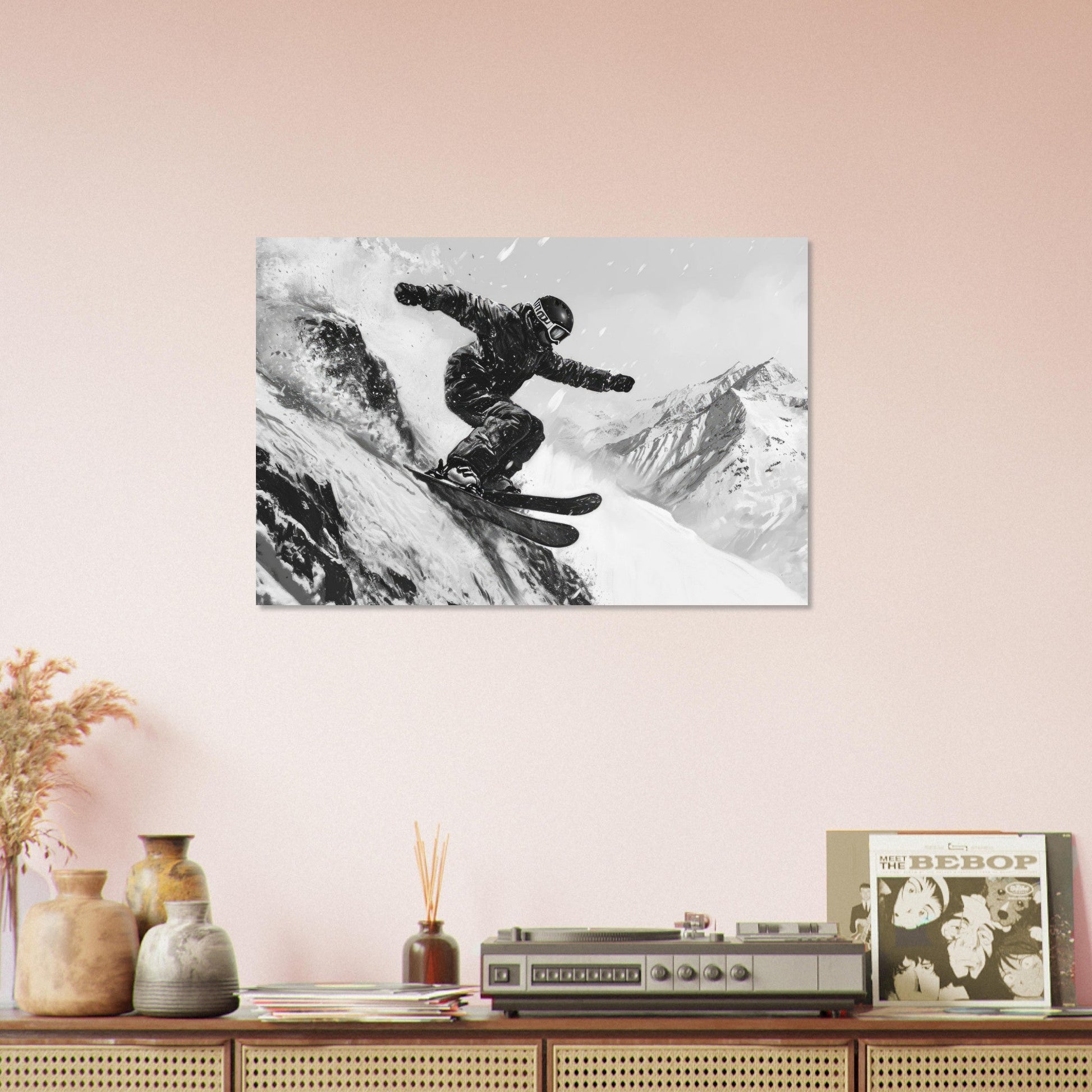 Vente Photo d'un skieur dans la poudre - Noir & Blanc - Tableau photo paysage IA